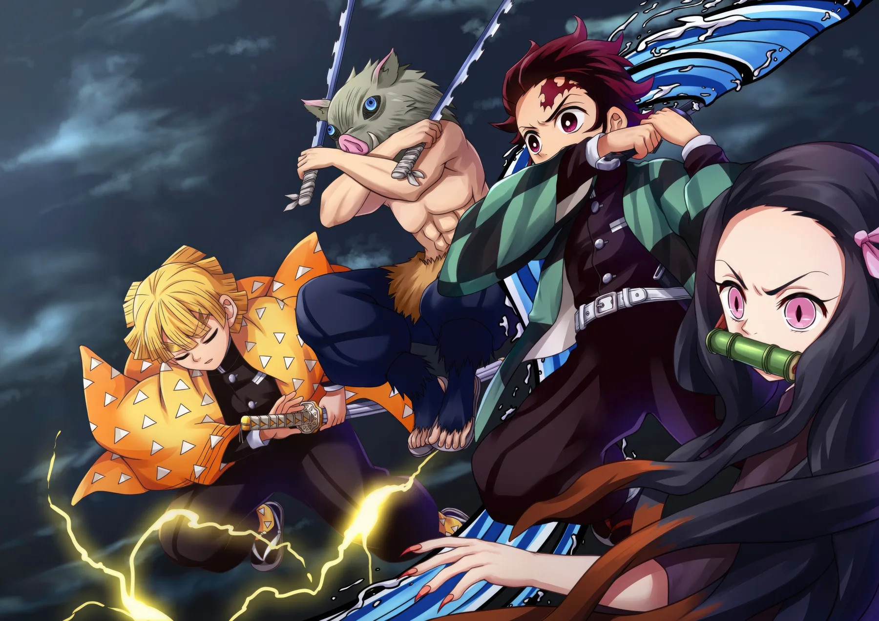 Tanjiro Nezuko Zenitsu e Inosuke Noche de Tormenta
