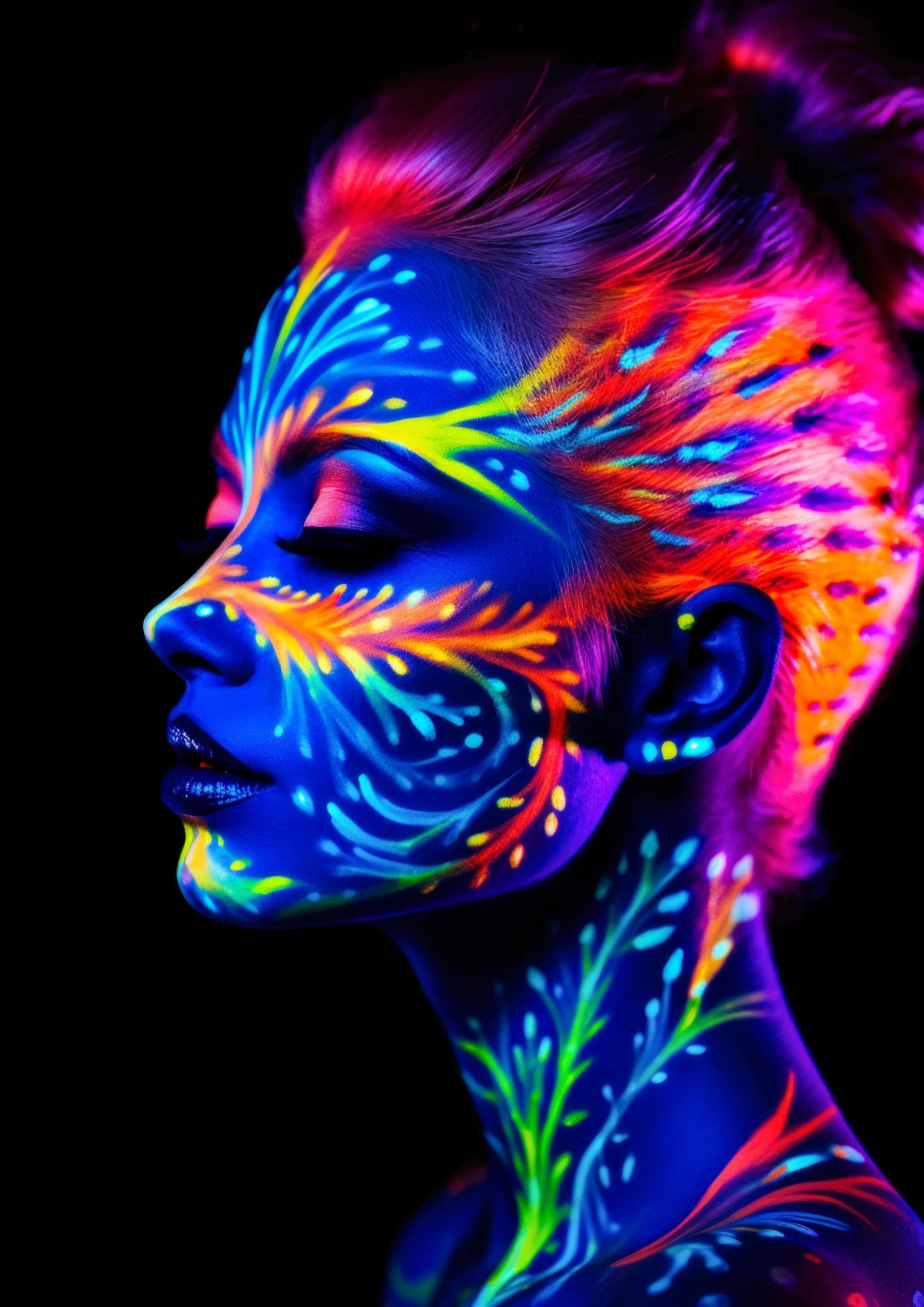 Pintura Facial Neon Azul y Naranja Plumas