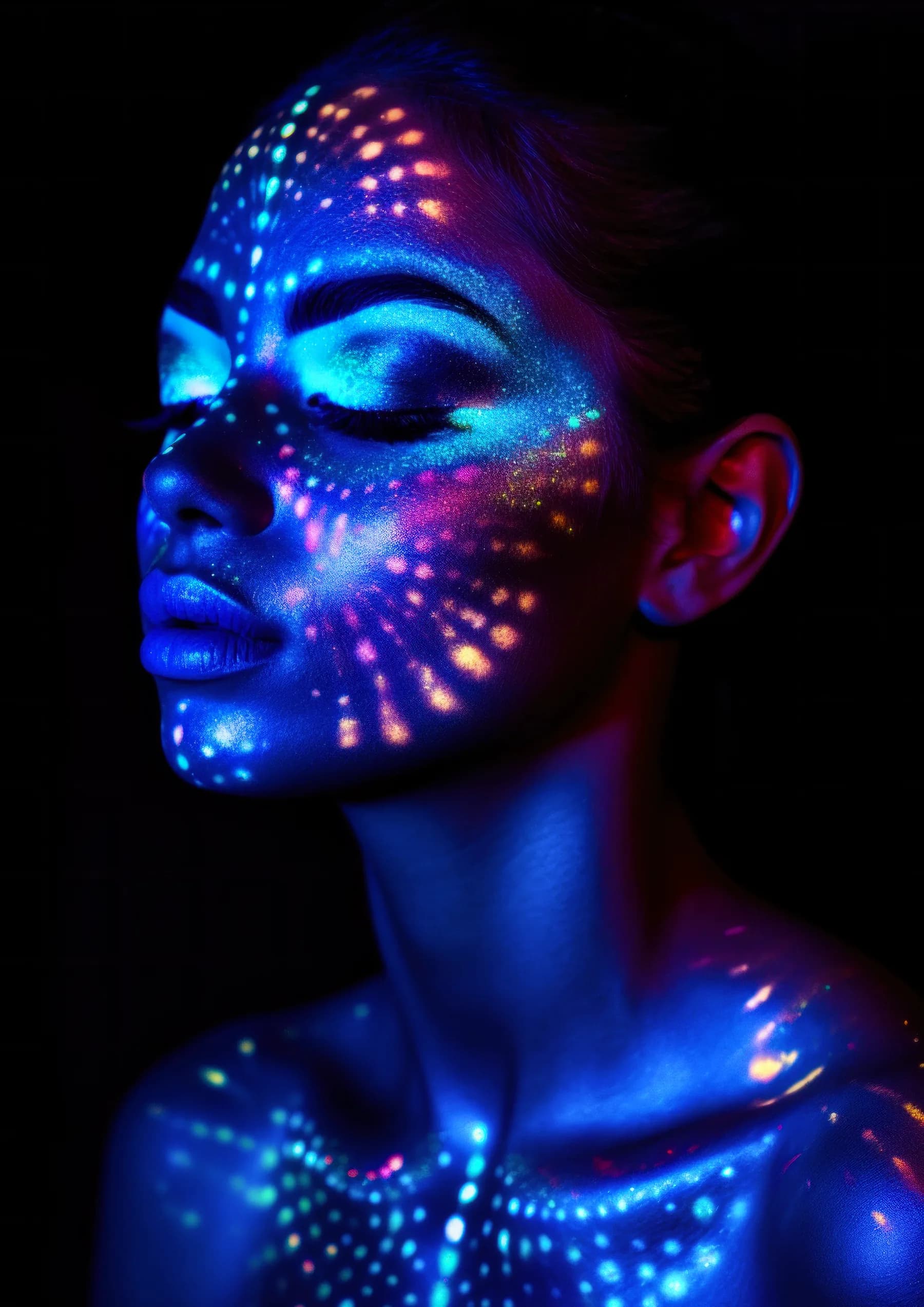 Retrato Neon Azul con Rayos de Puntos