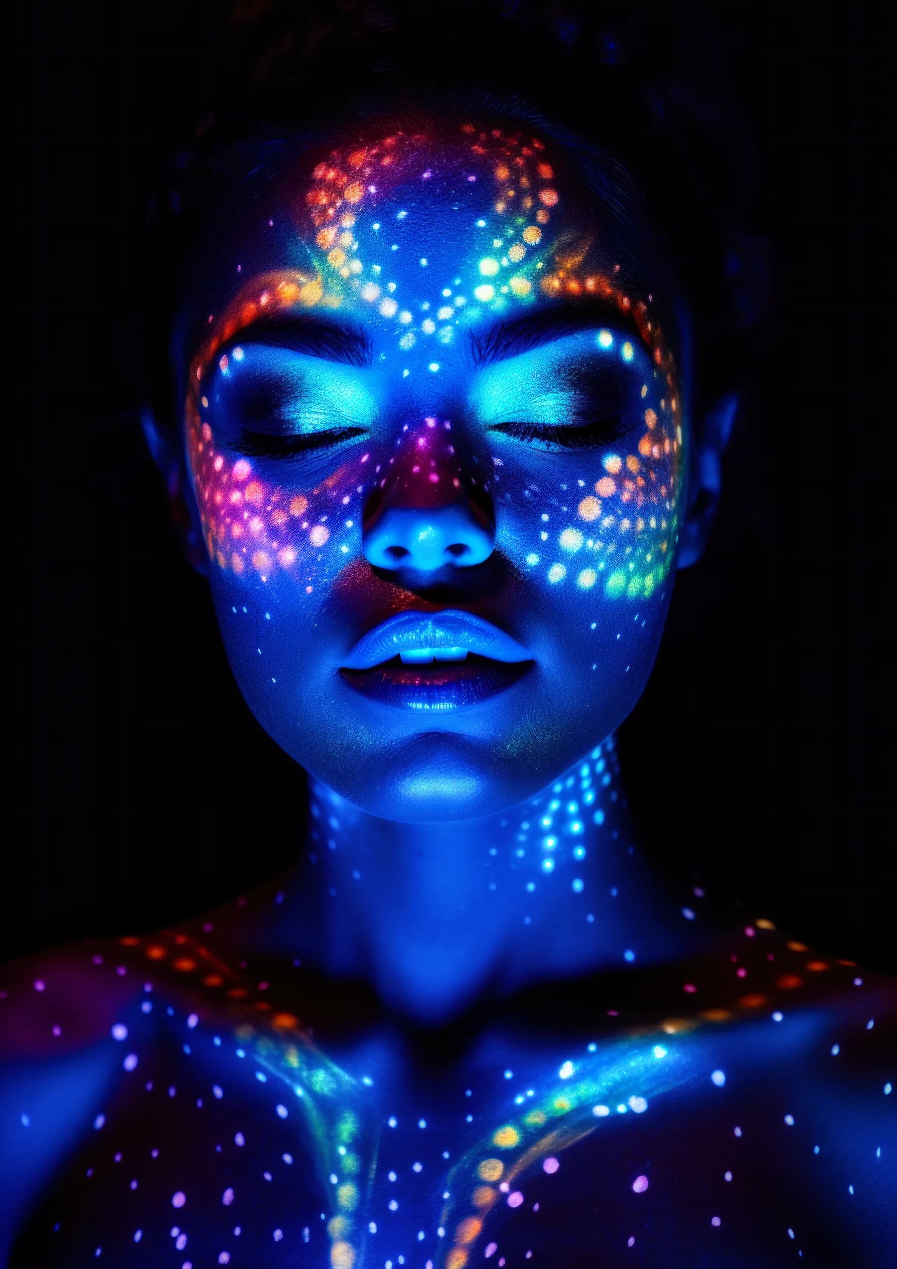 Retrato Neon Azul Puntos Multicolor