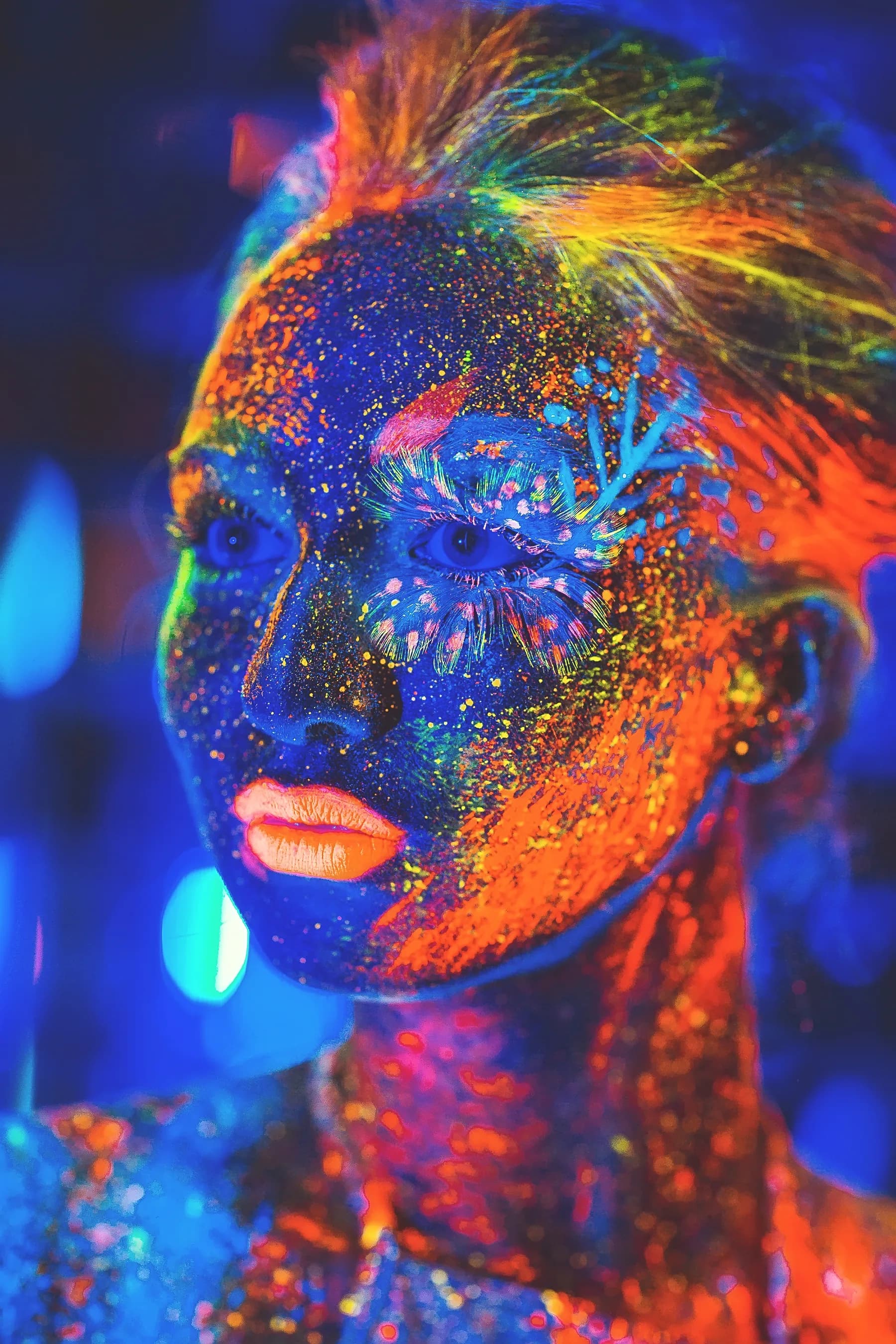 Retrato Neon con Flor Cerca del Ojo