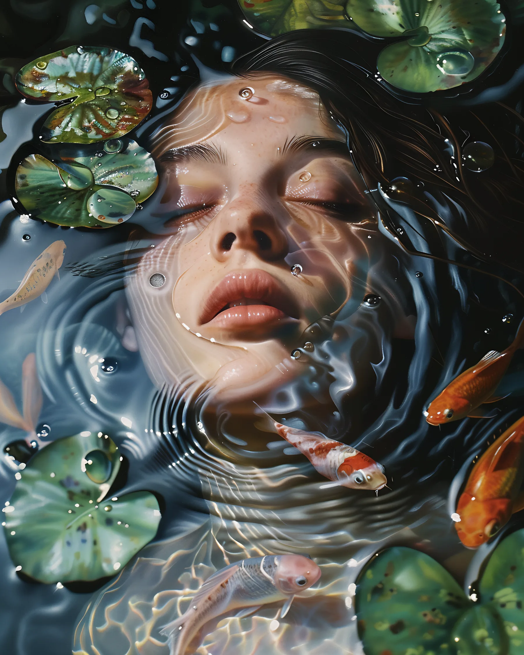 Mujer Sumergida con Peces Koi