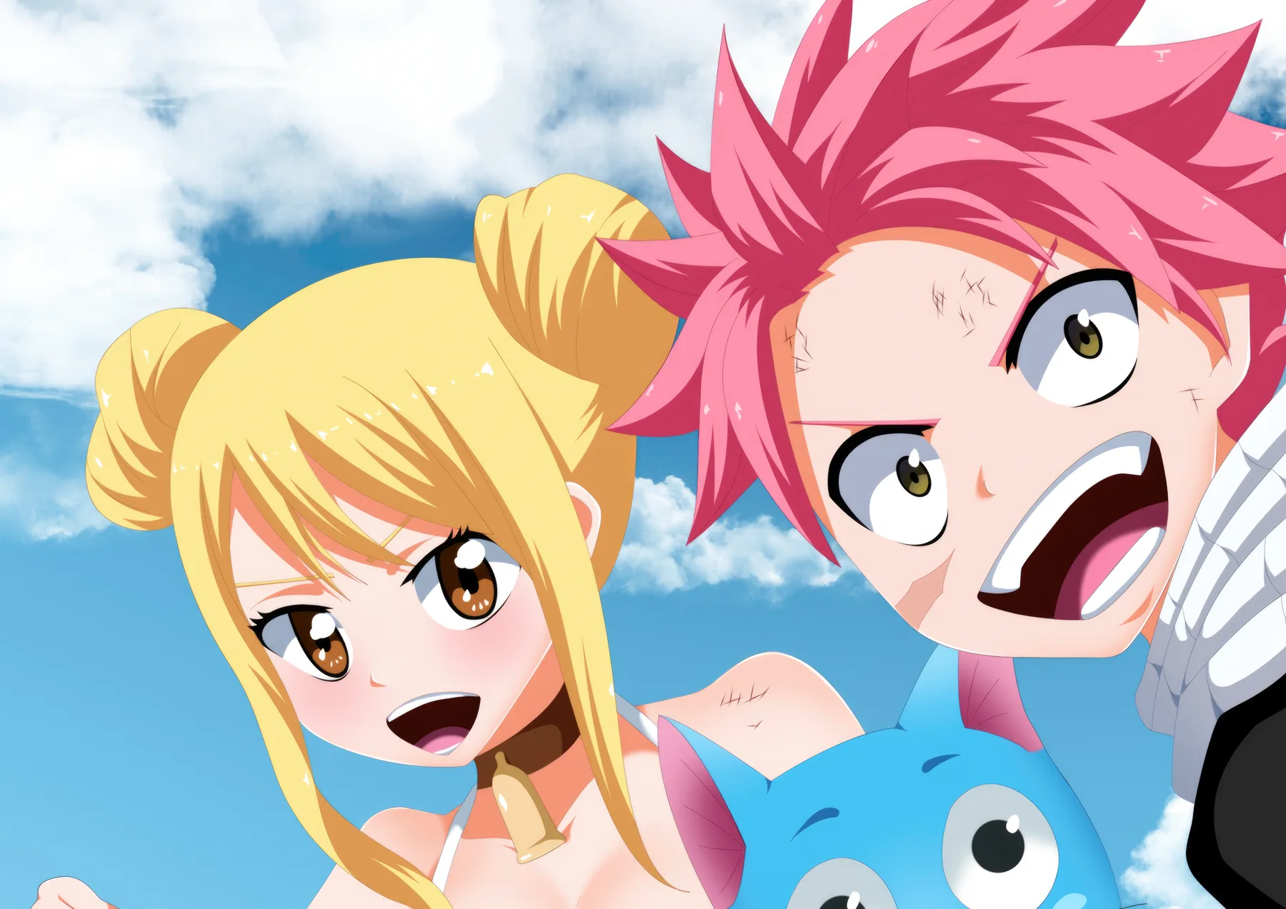 Natsu y Lucy Sorprendidos con Happy