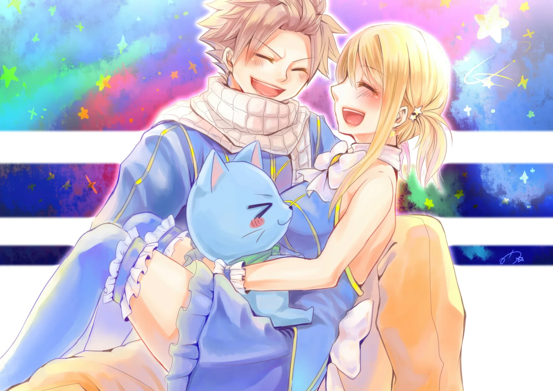 Natsu y Lucy Abrazando a Happy