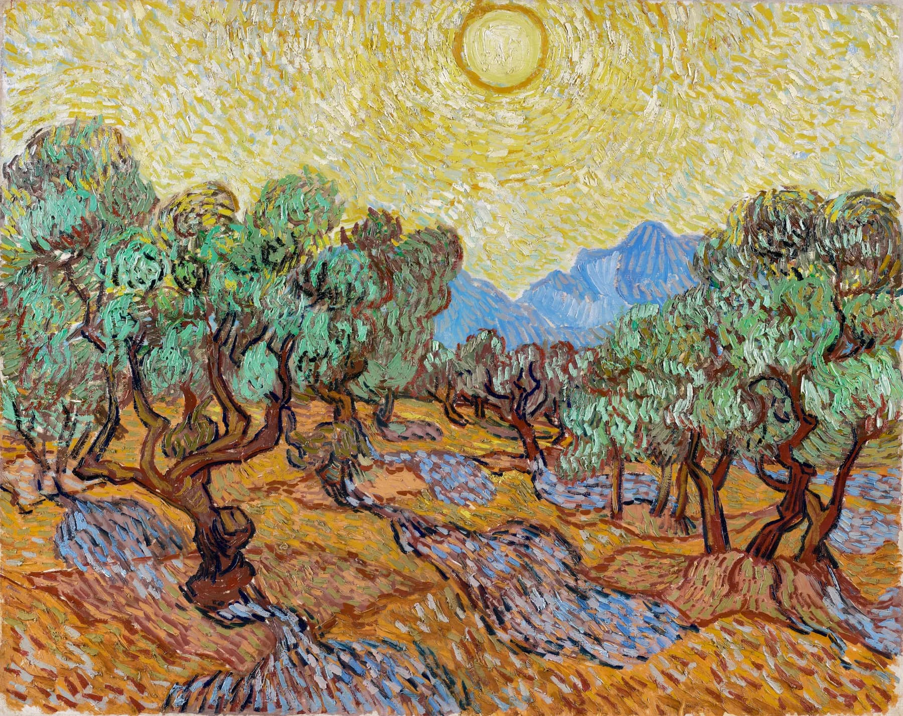 Olivar con Cielo Amarillo y Sol - Van Gogh