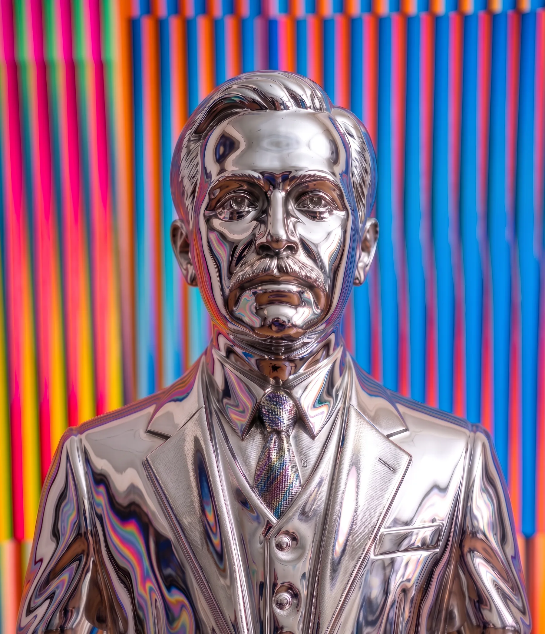 Busto Plateado sobre Rayas de Colores