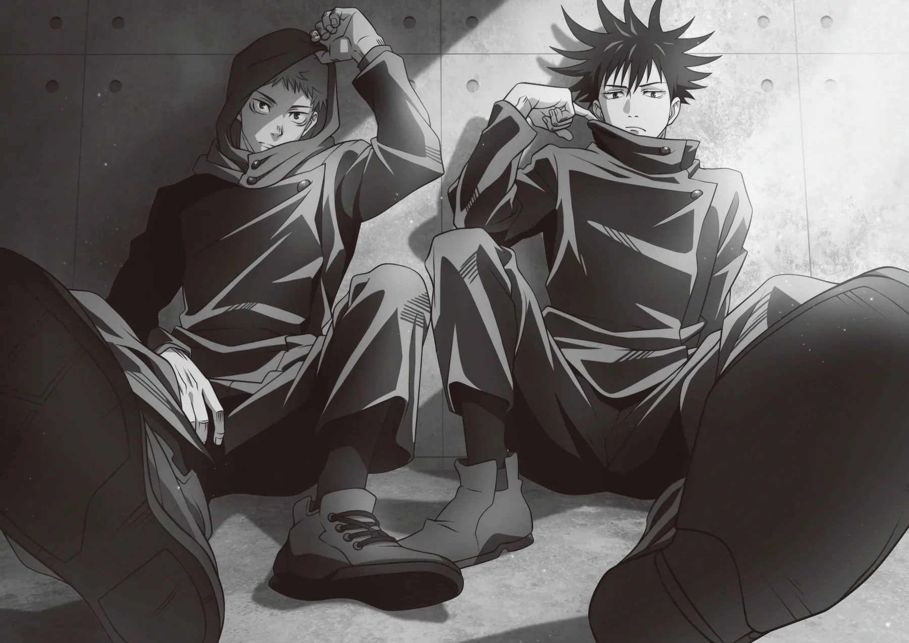 Itadori Yuji y Megumi Fushiguro Sentados Blanco y Negro