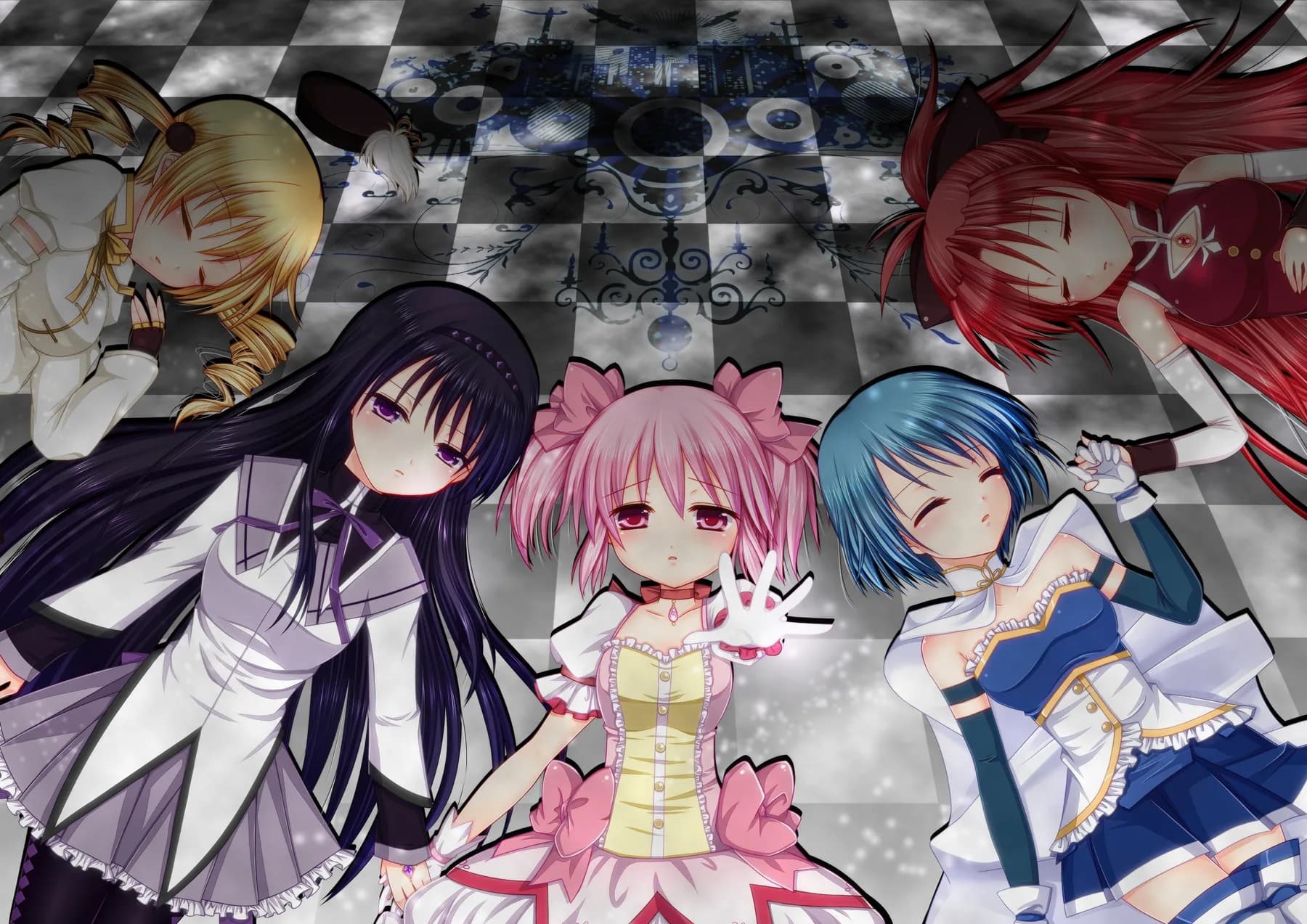 Puella Magi Madoka Magica Grupo Acostado en Circulo