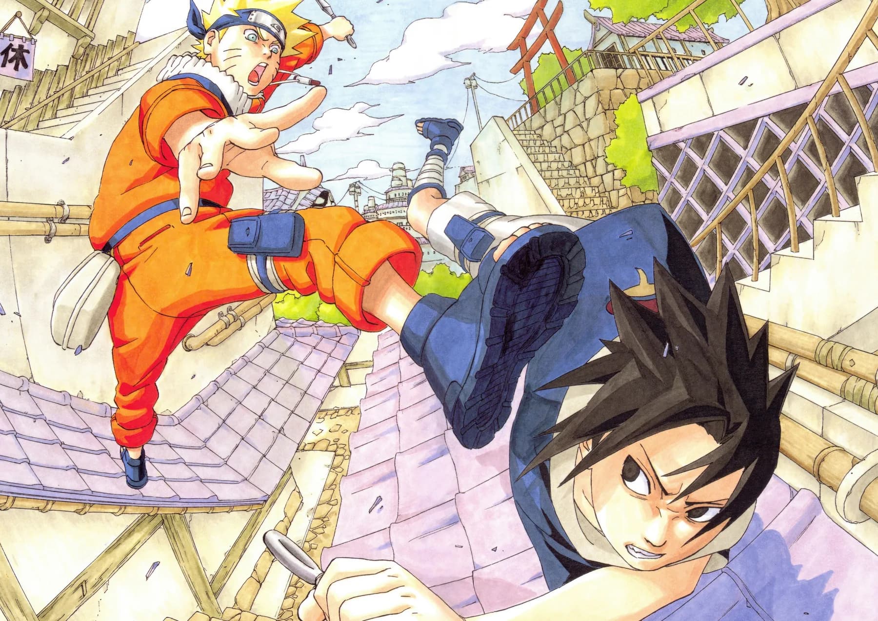 Naruto y Sasuke Niños Pelea de Tejados