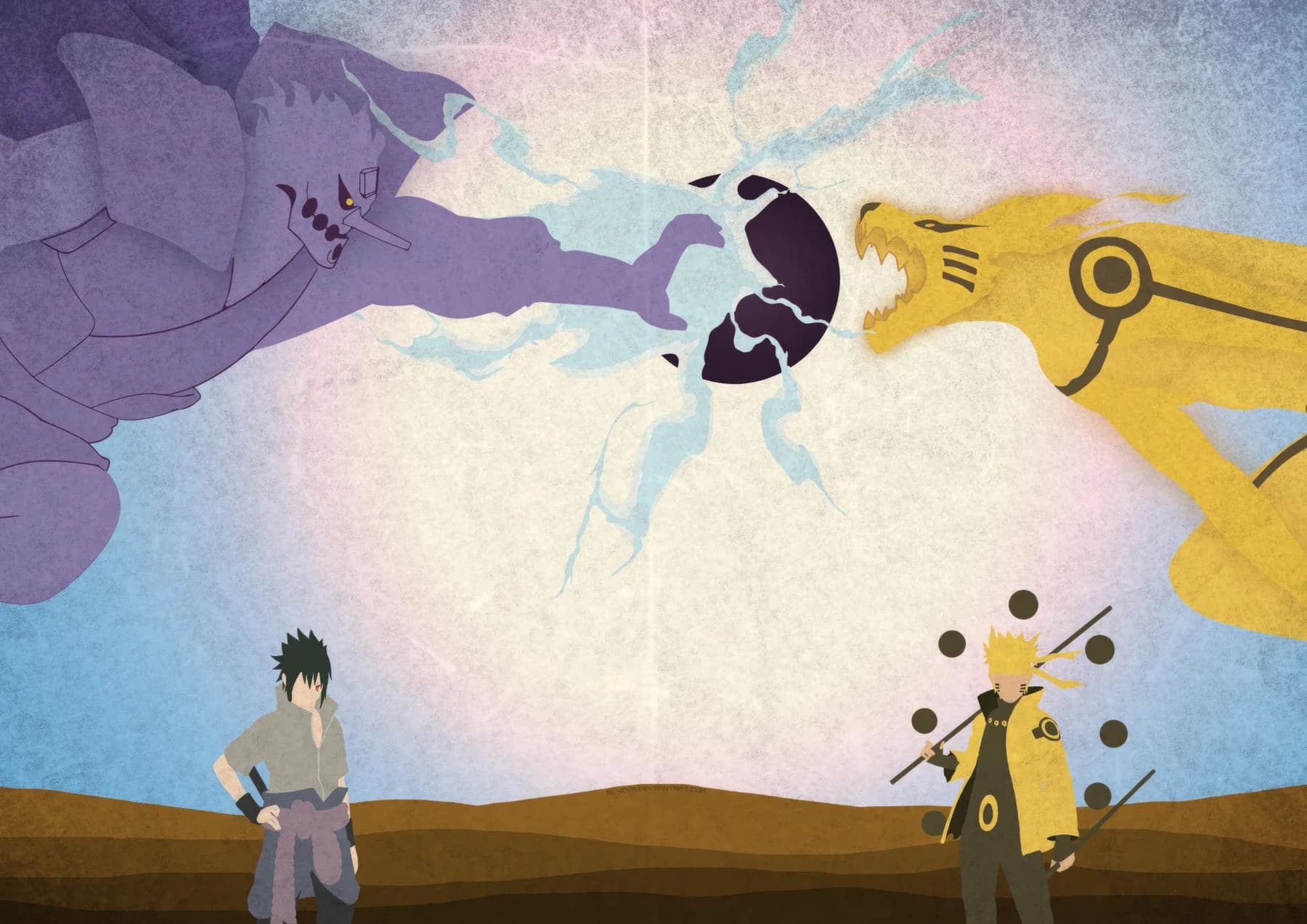 Naruto y Sasuke Susanoo vs Kurama Colisión