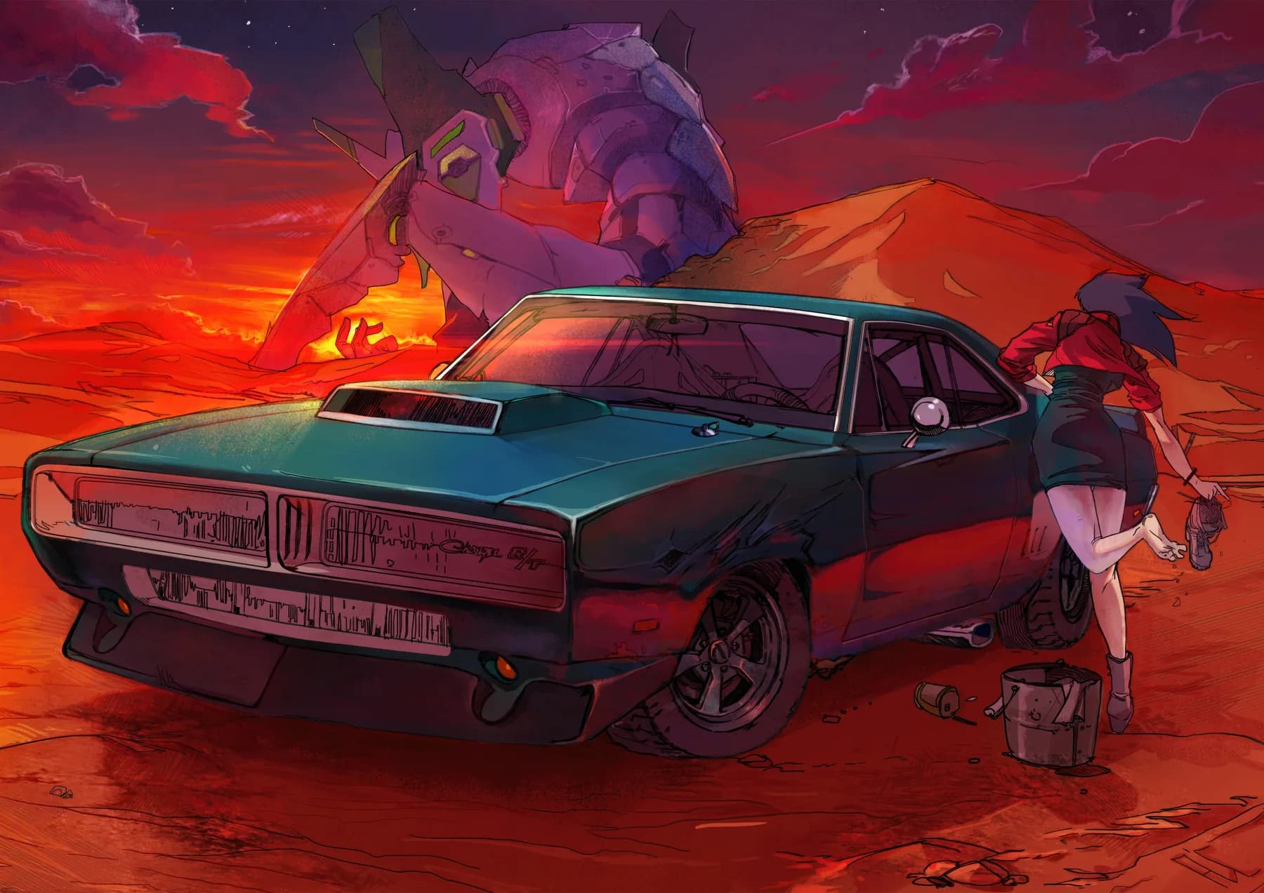 Evangelion Auto Charger Rojo y Angel al Atardecer