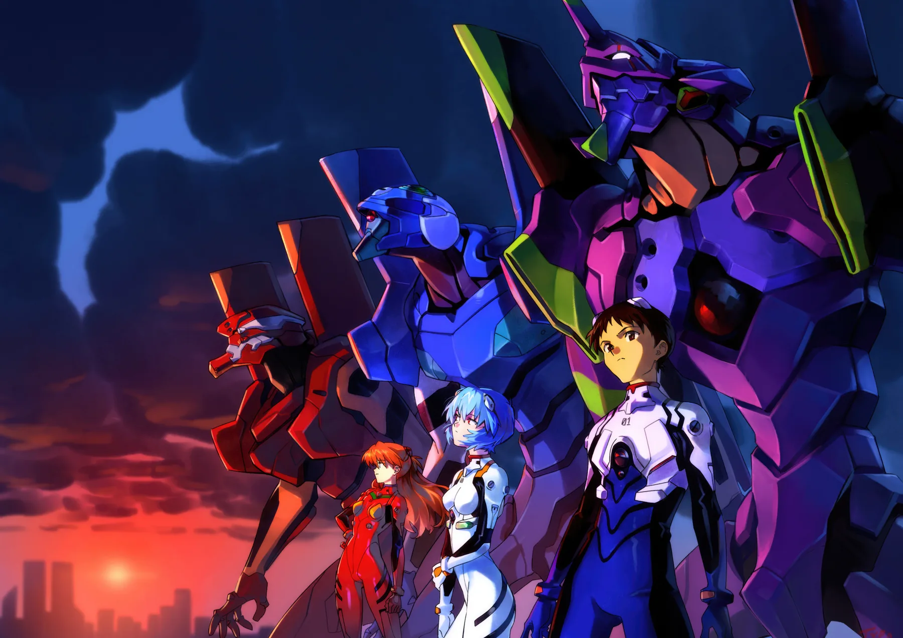 Rei Ayanami Asuka y Shinji con Unidades Eva