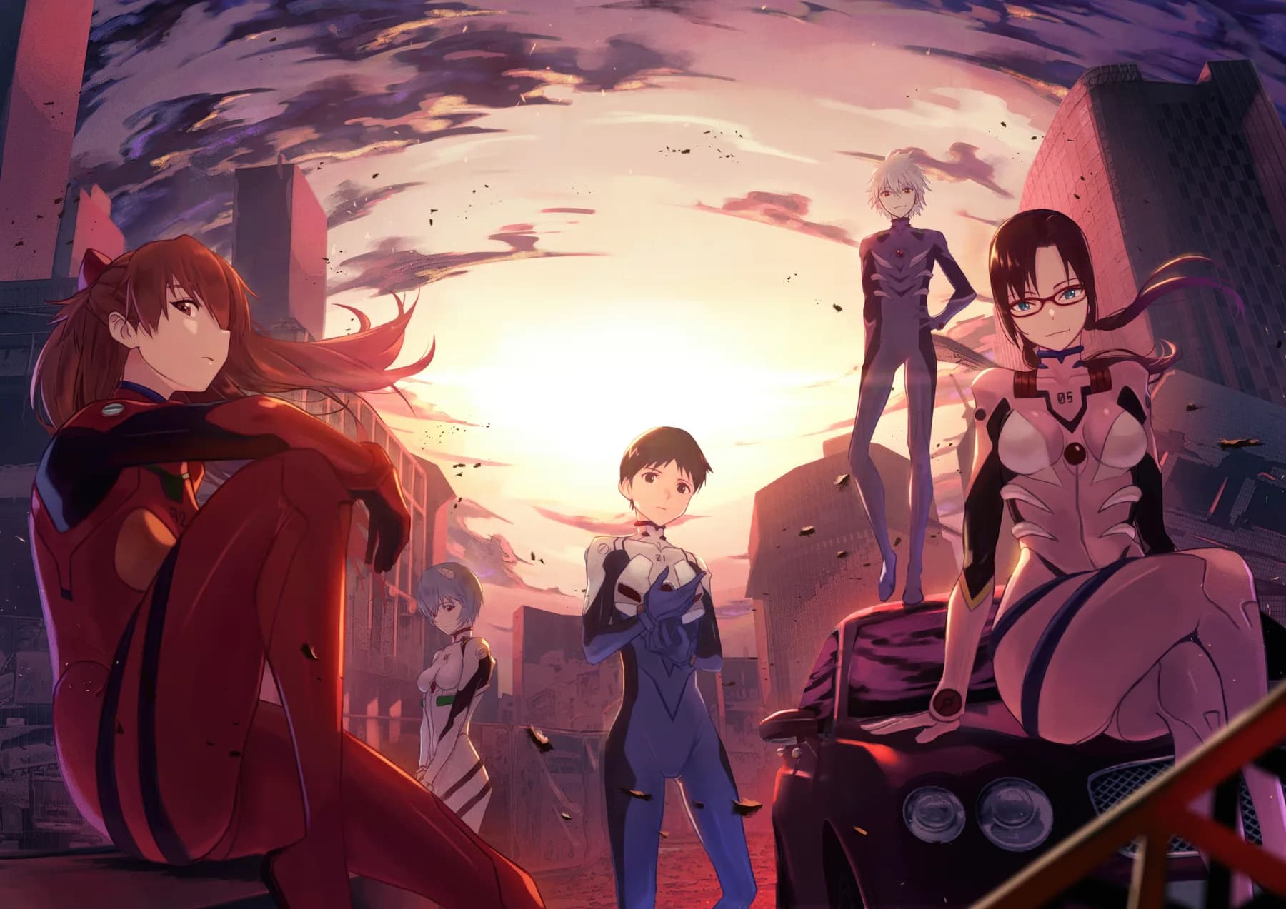 Evangelion Elenco en Auto Atardecer