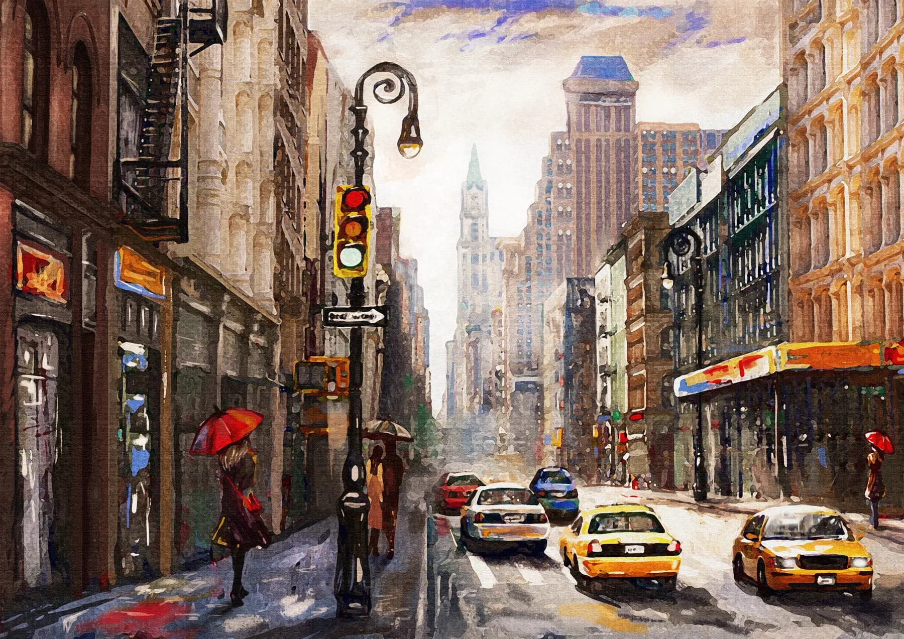 Nueva York Lluvia con Sombrilla Roja