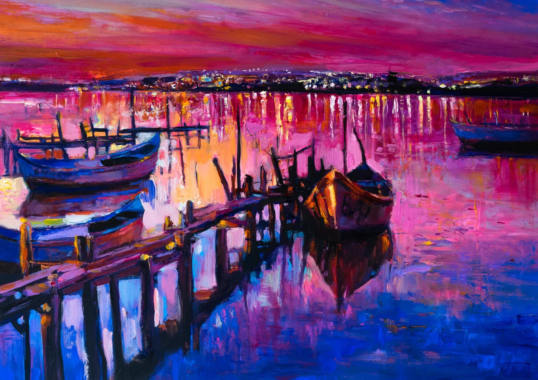 Muelle al Atardecer Rosa y Morado