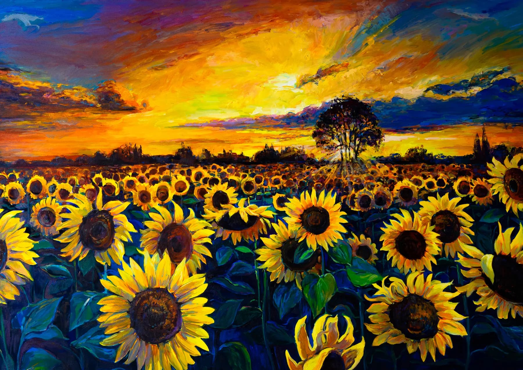 Girasoles al Atardecer Cielo Naranja