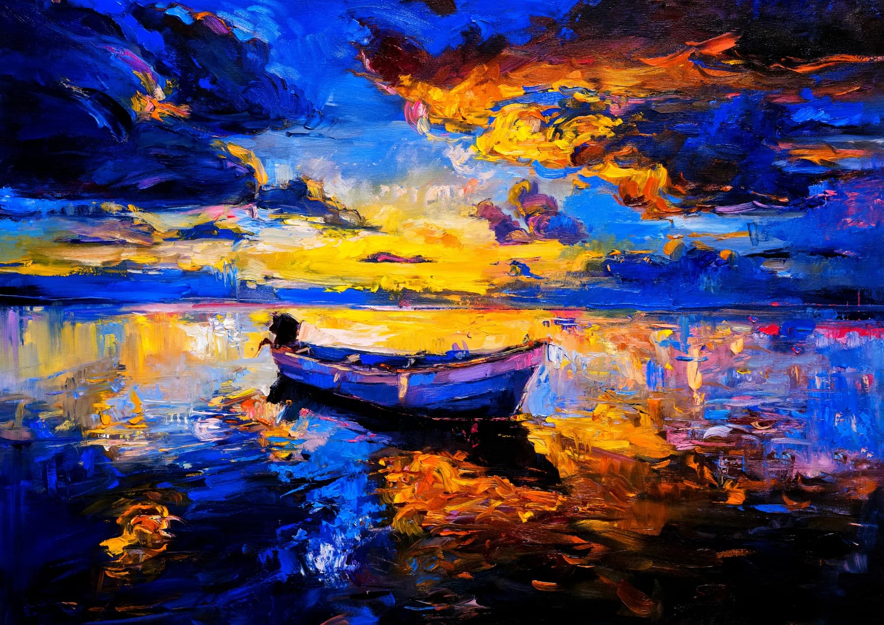 Bote Solitario al Atardecer Azul y Dorado