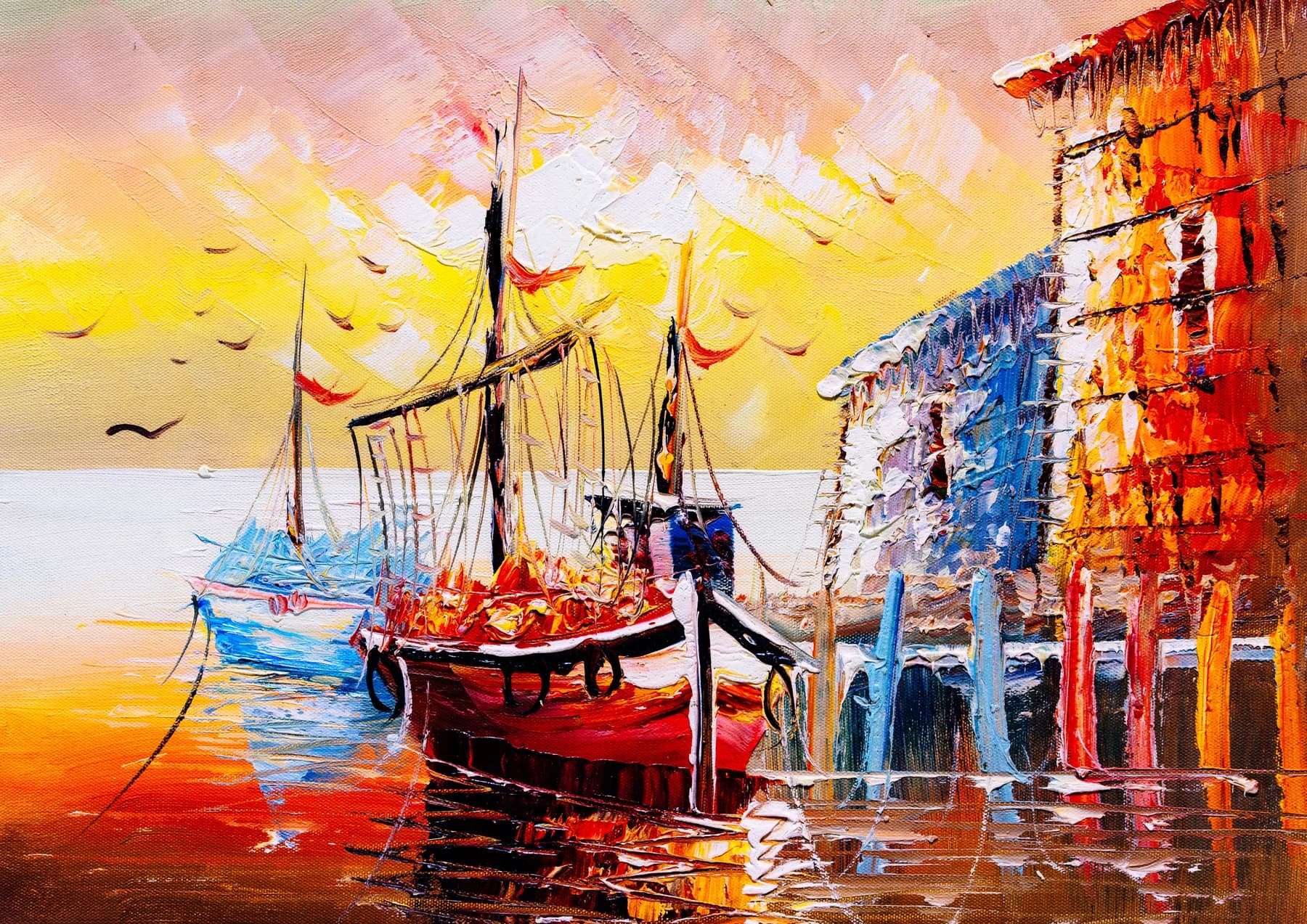 Puerto Colorido con Barcos y Casas