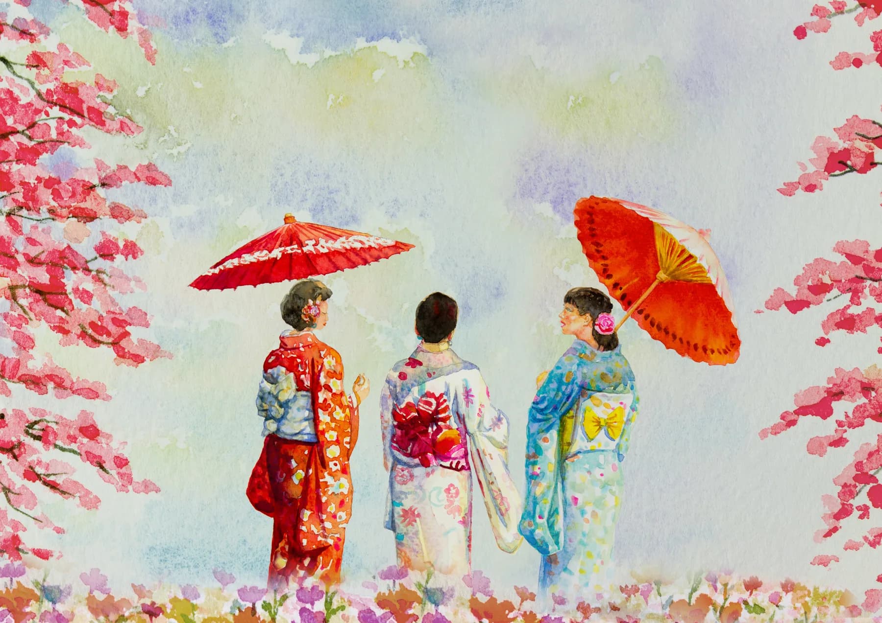 Mujeres en Kimono bajo Cerezos