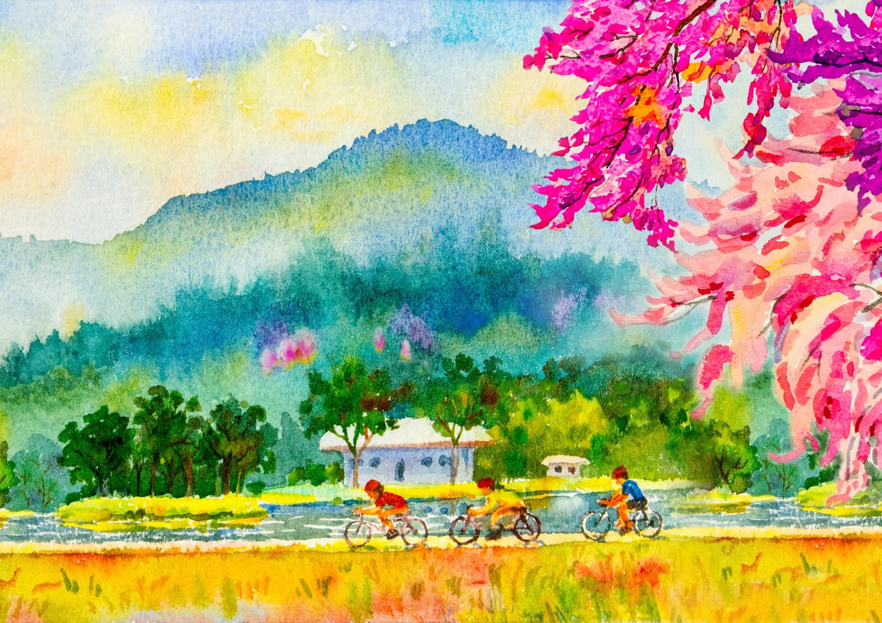 Ciclistas en el Campo Acuarela