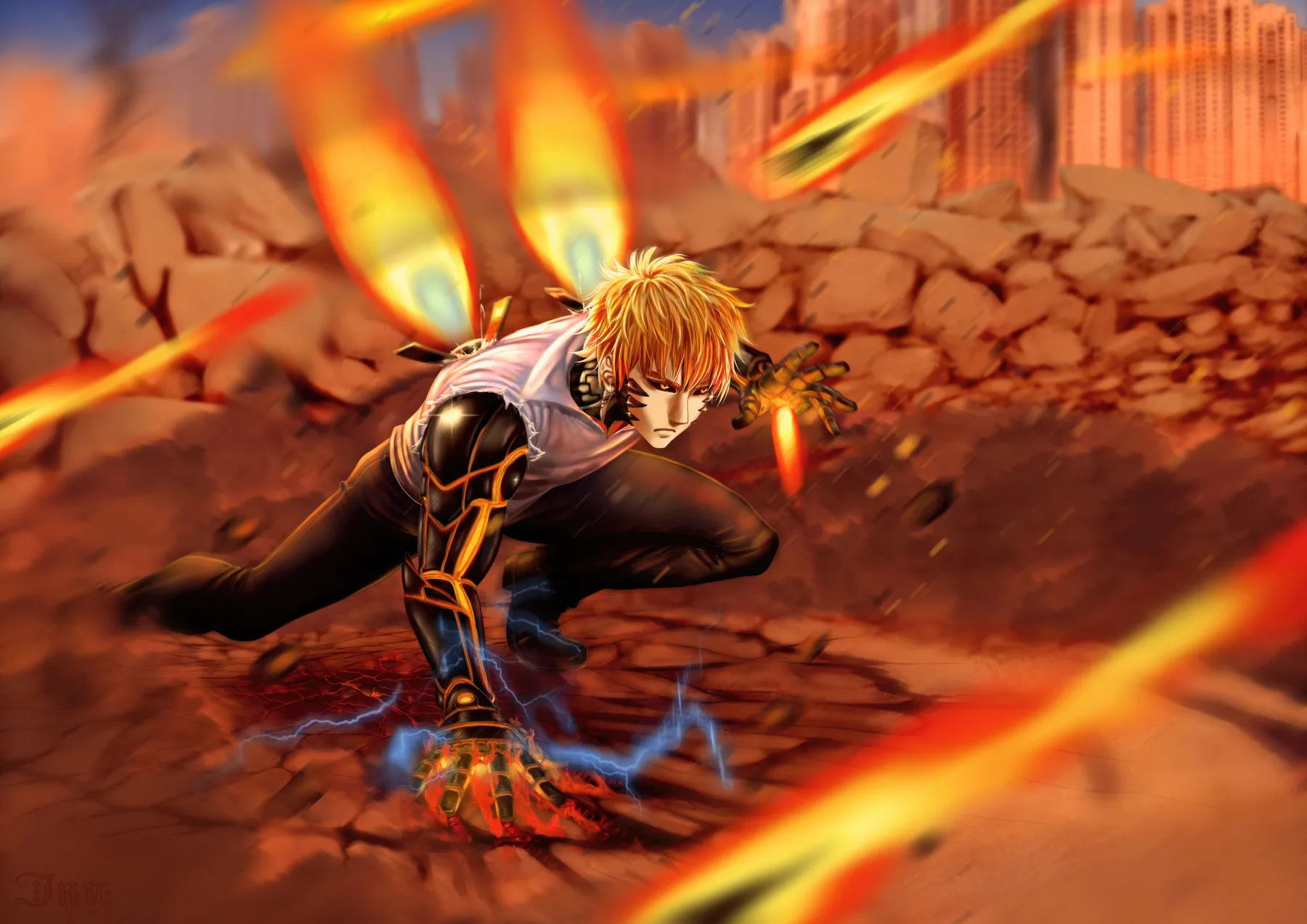 Genos Agachado entre Fuego y Escombros