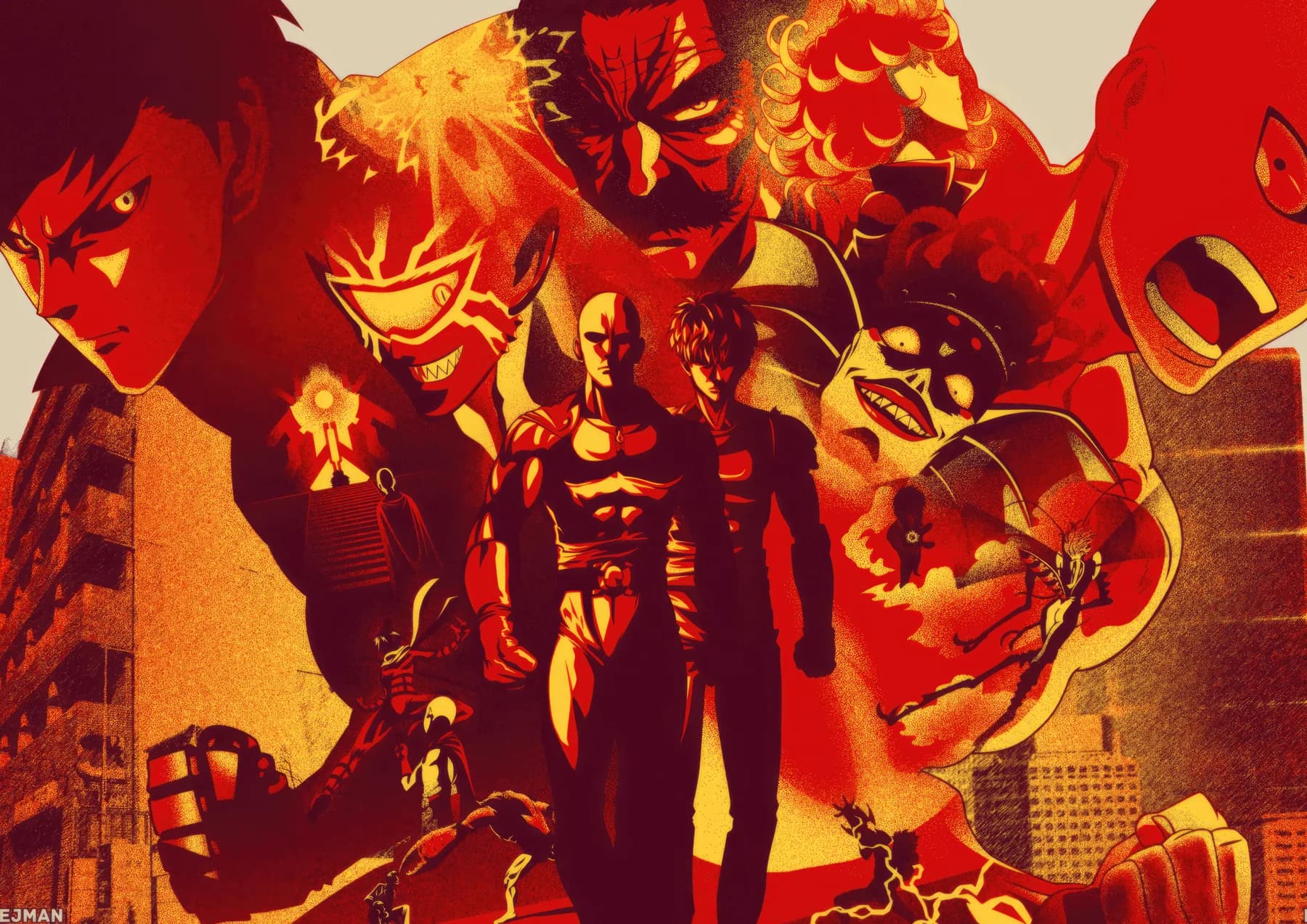 One Punch Man Collage Rojo Personajes