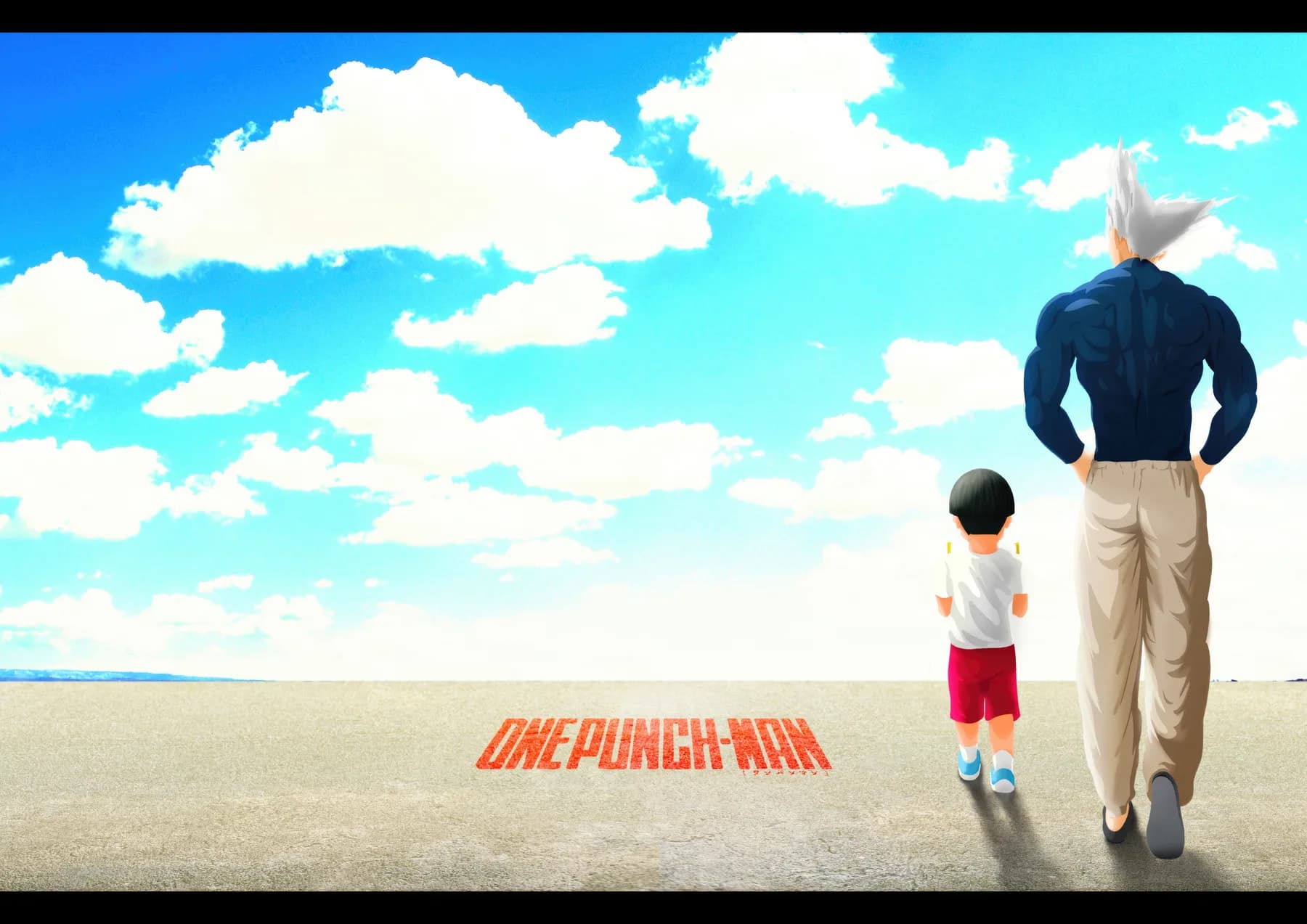 Saitama y Genos Caminando Cielo Despejado