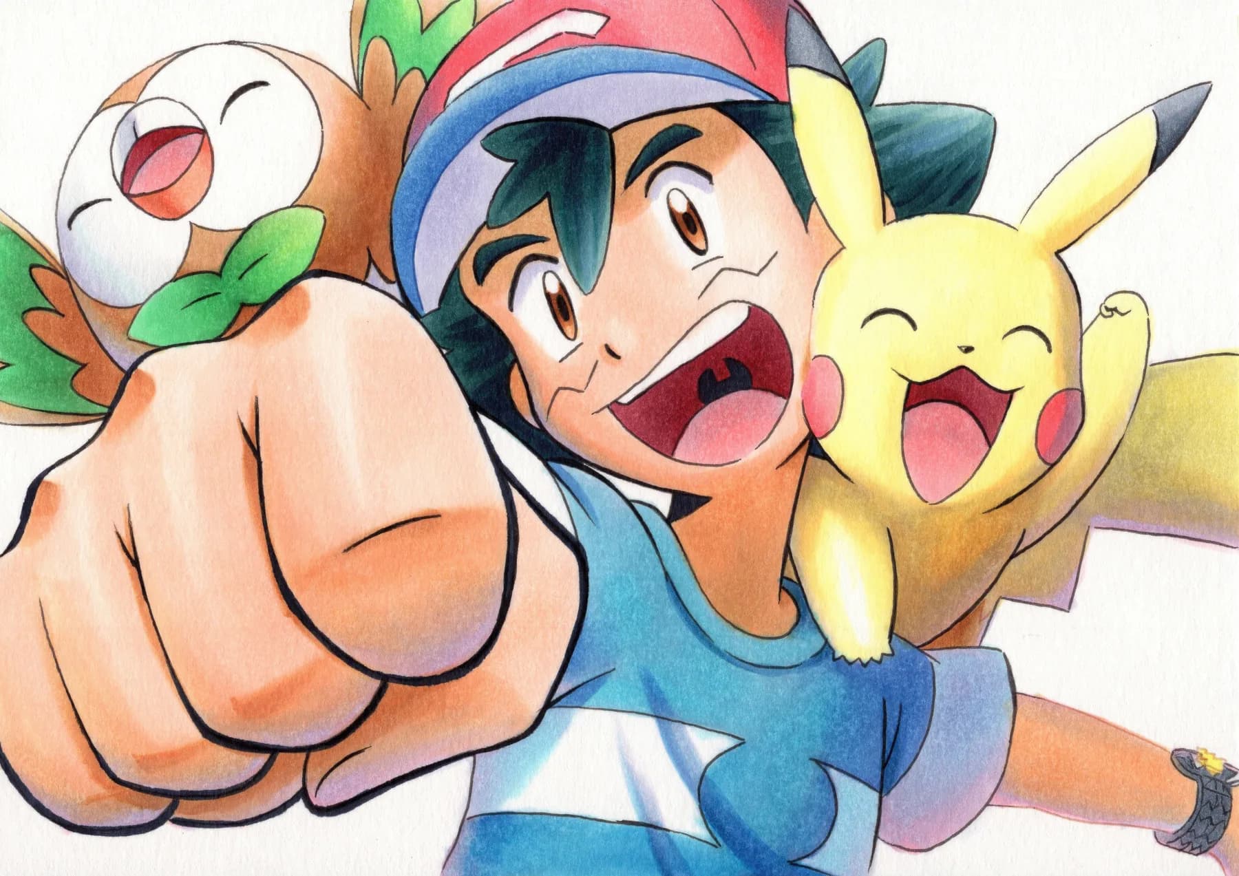 Ash Ketchum Pikachu y Rowlet Sonriendo