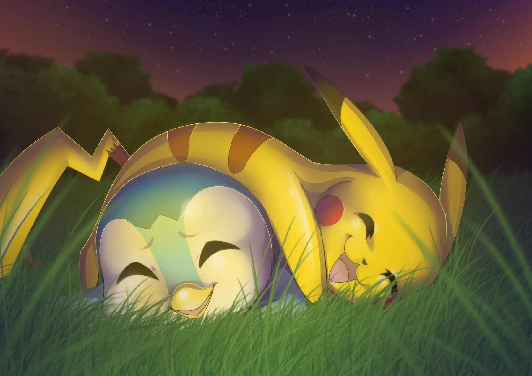 Pikachu y Togepi Durmiendo en el Pasto
