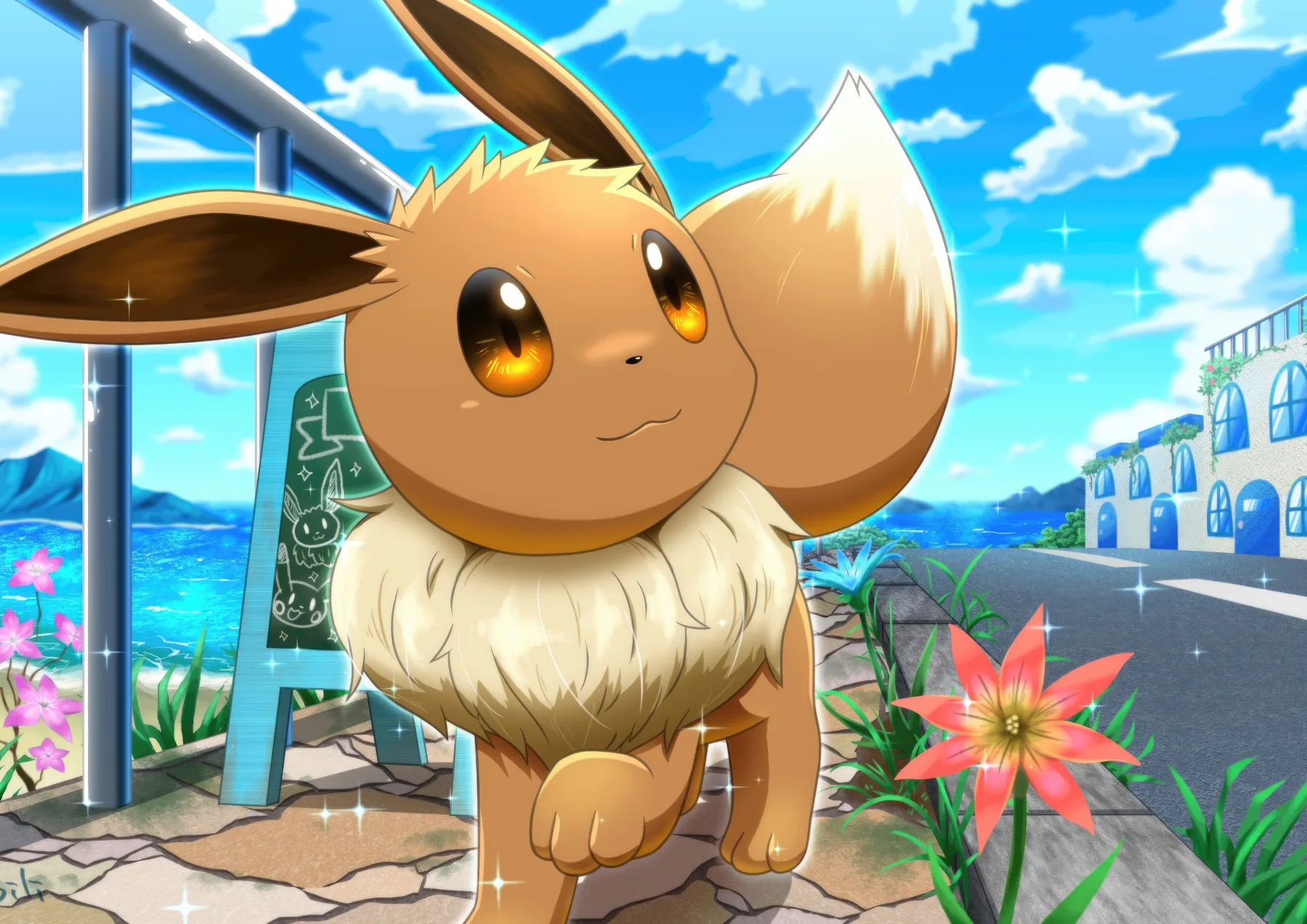 Eevee Realista en Pueblo Costero
