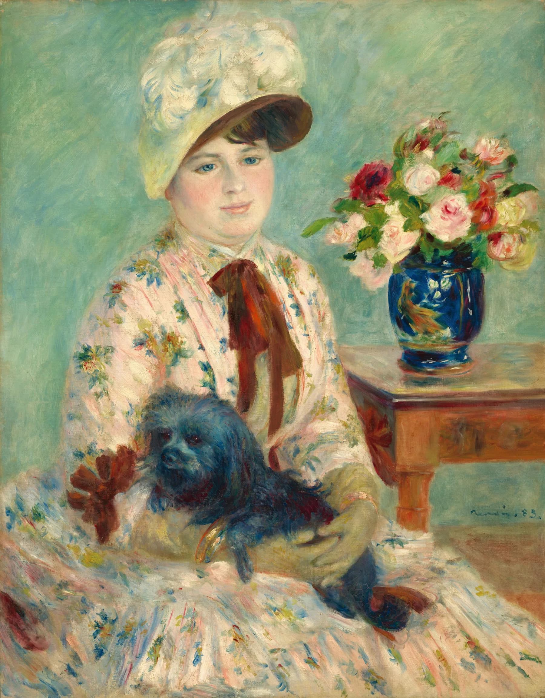 Mujer con Sombrero de Flores y Perro - Renoir