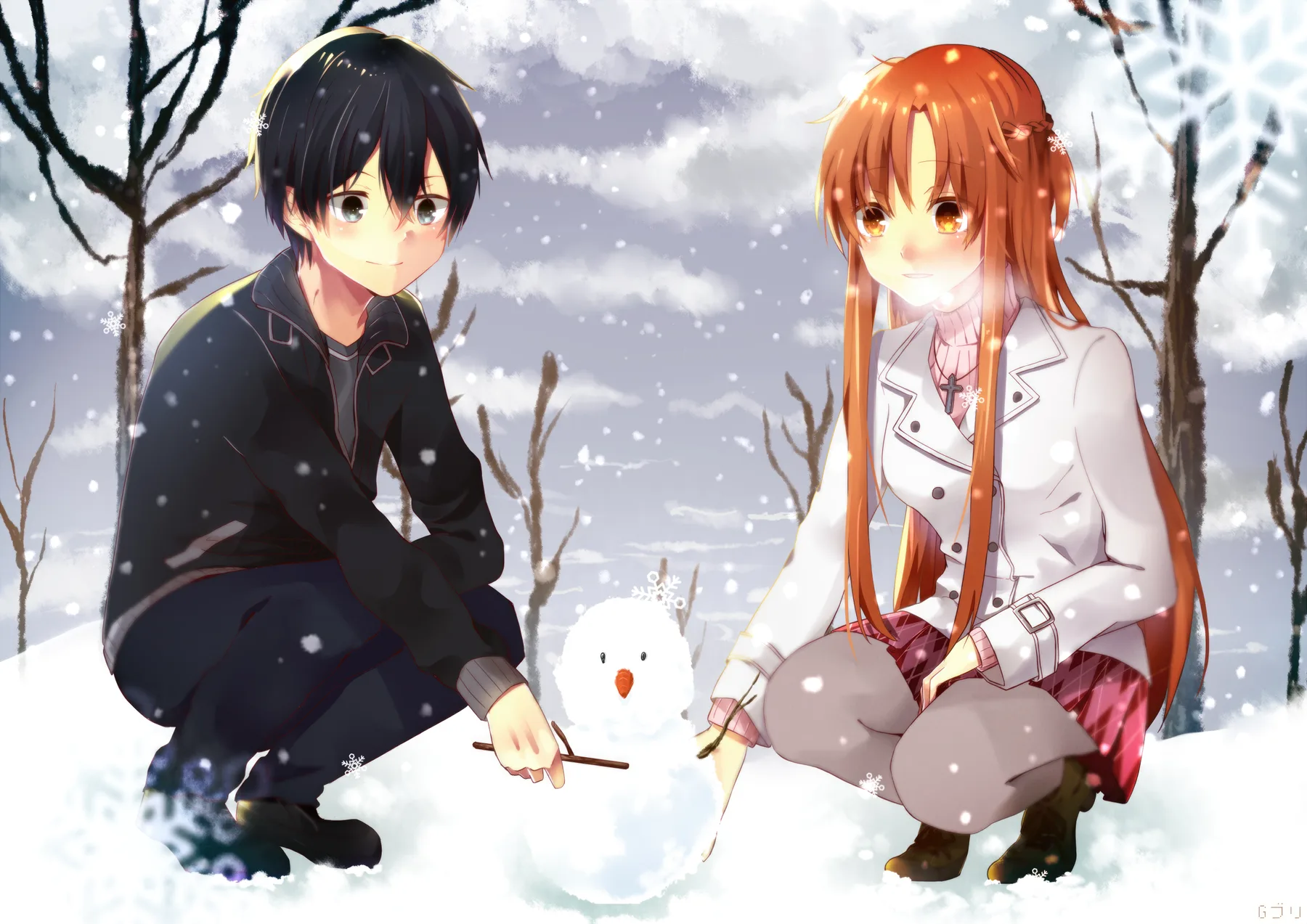 Kirito y Asuna Construyendo un Muneco de Nieve