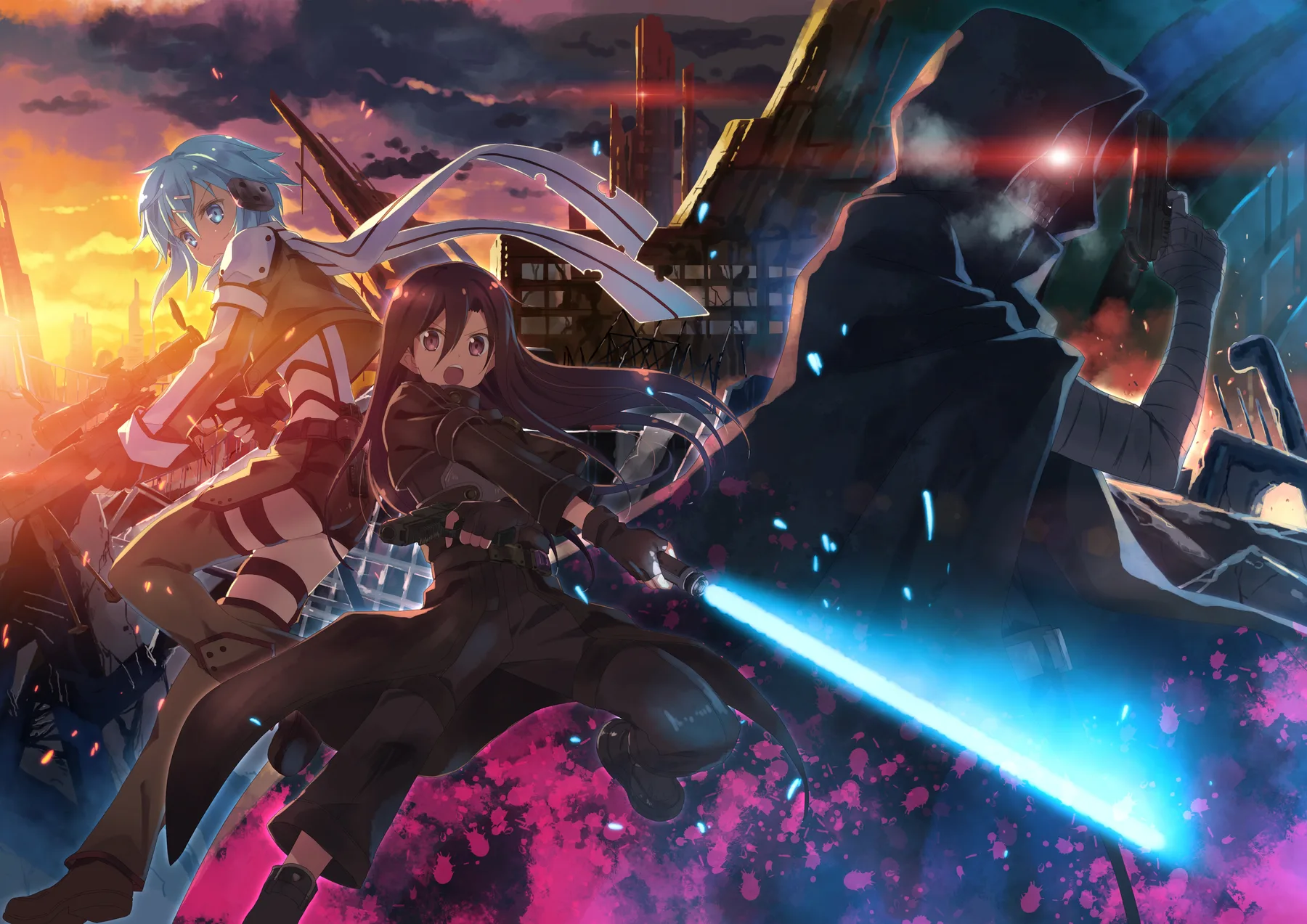 Sinon y Kirito Combate con Figura Encapuchada