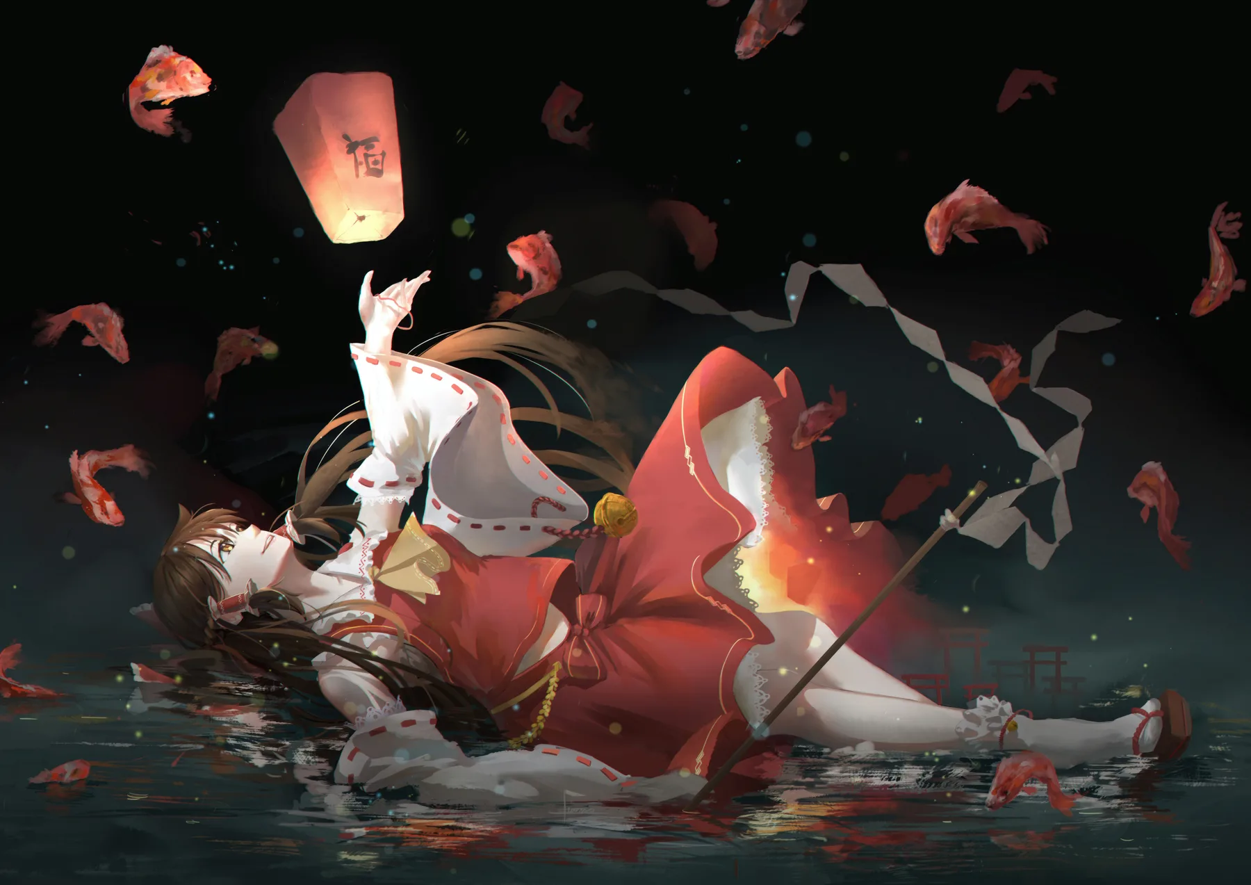 Touhou Chica con Farol y Peces Koi