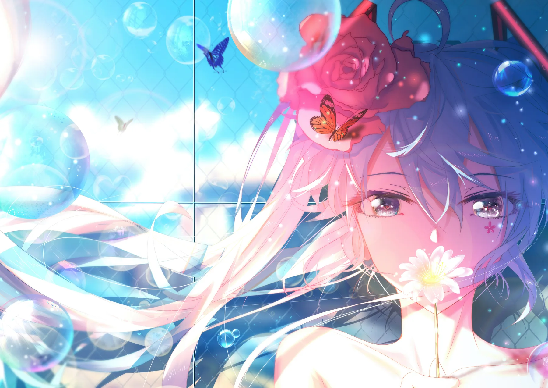 Chica Vocaloid Rosa y Mariposas Burbujas