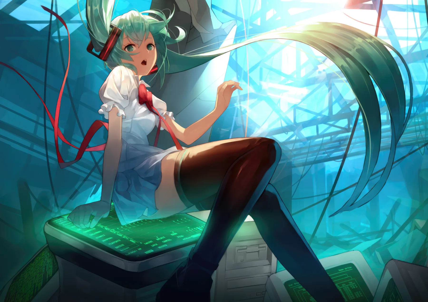 Hatsune Miku Sentada en Servidor Futurista