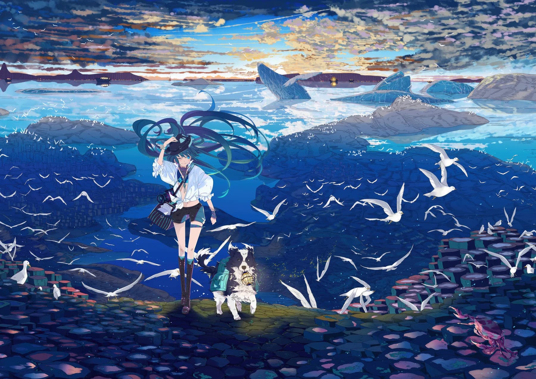 Hatsune Miku Caminando con Perro junto al Mar