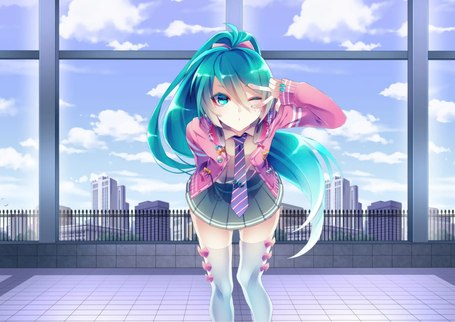 Hatsune Miku Uniforme Rosa Guiño Ciudad