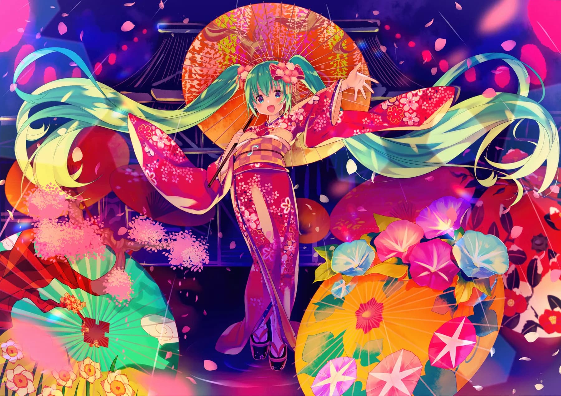 Hatsune Miku Kimono Rosa Festival de Sombrillas
