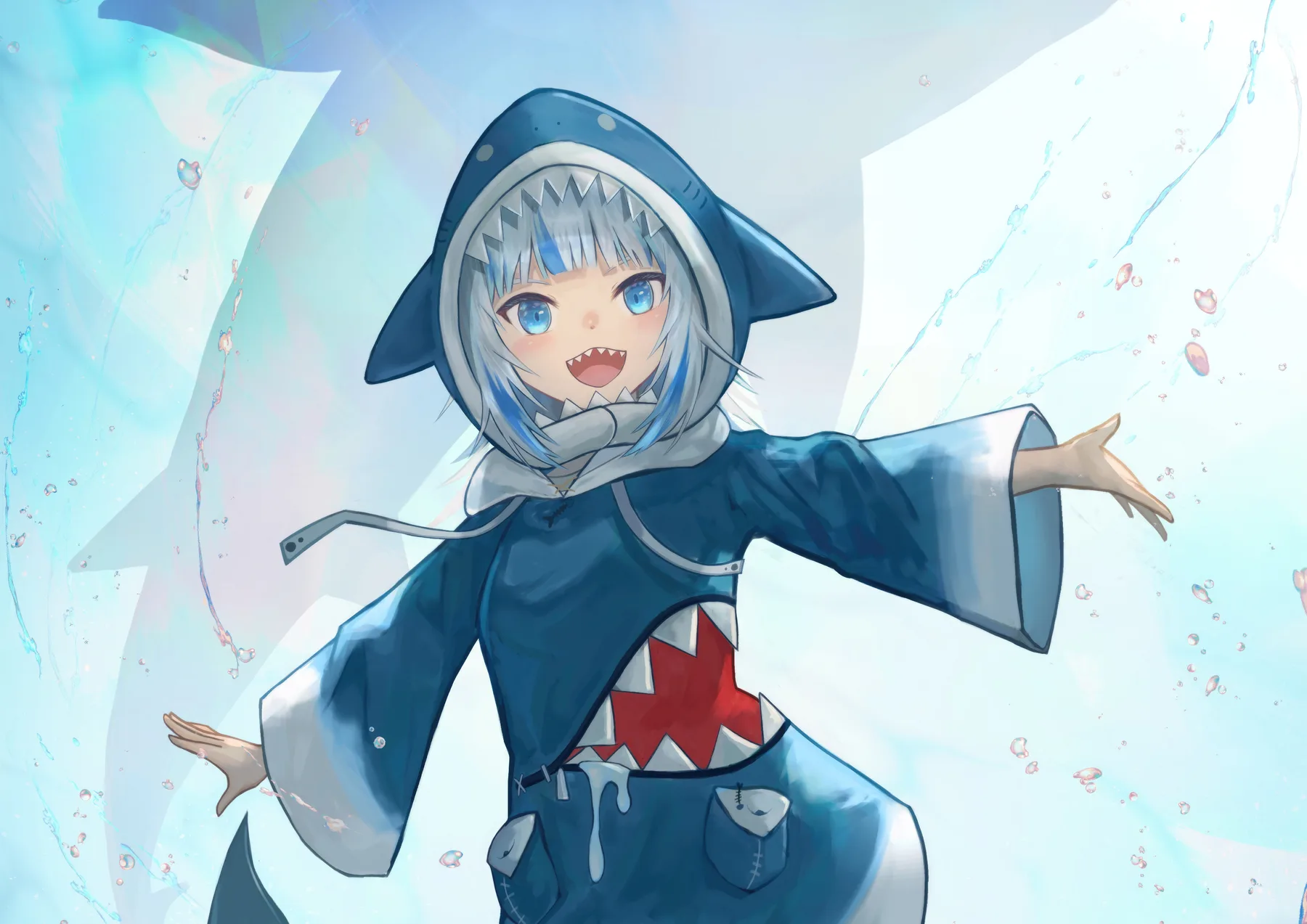 Vtuber con disfraz de tiburon azul y blanco