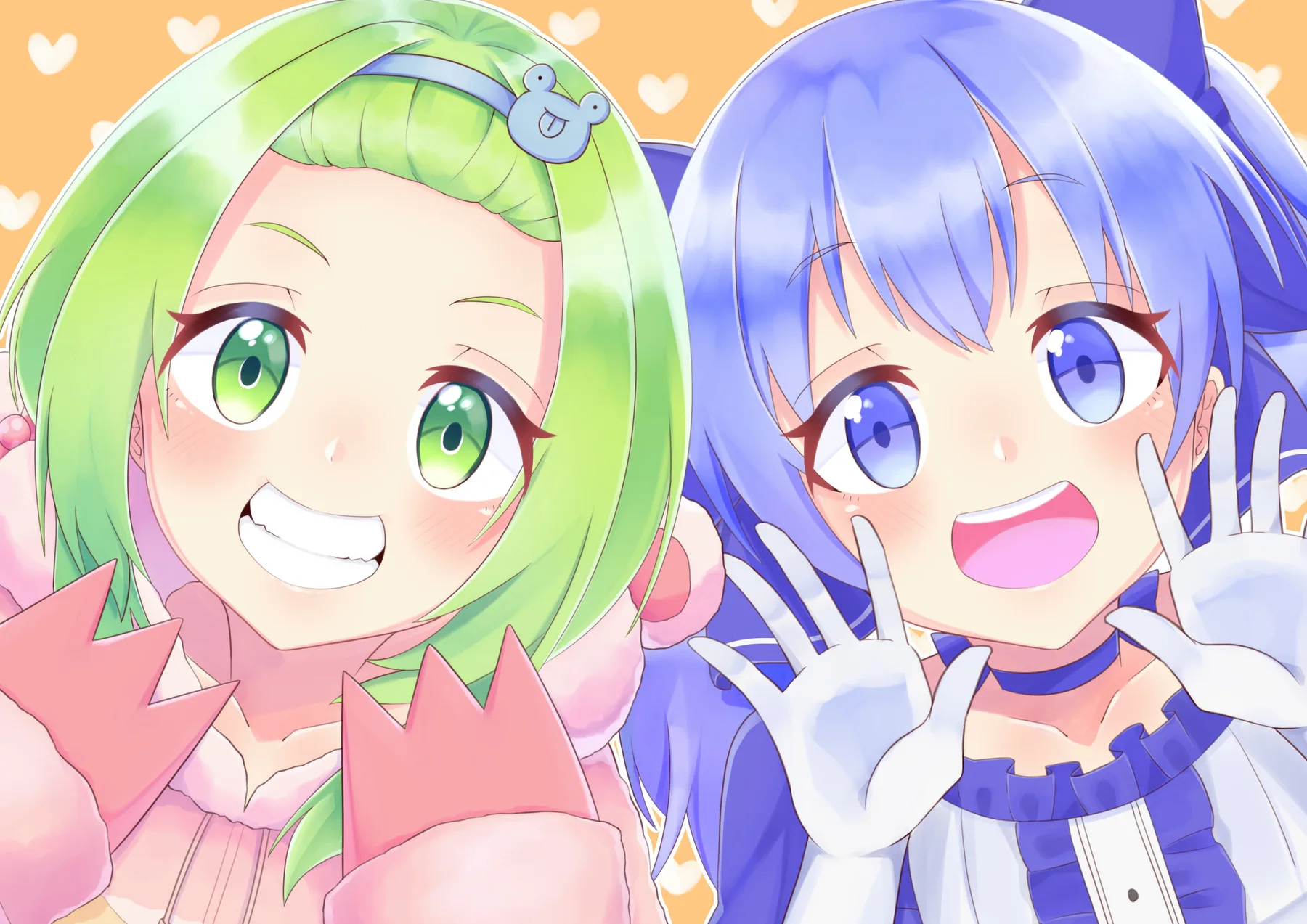 Vtubers chibi de cabello verde y azul saludando