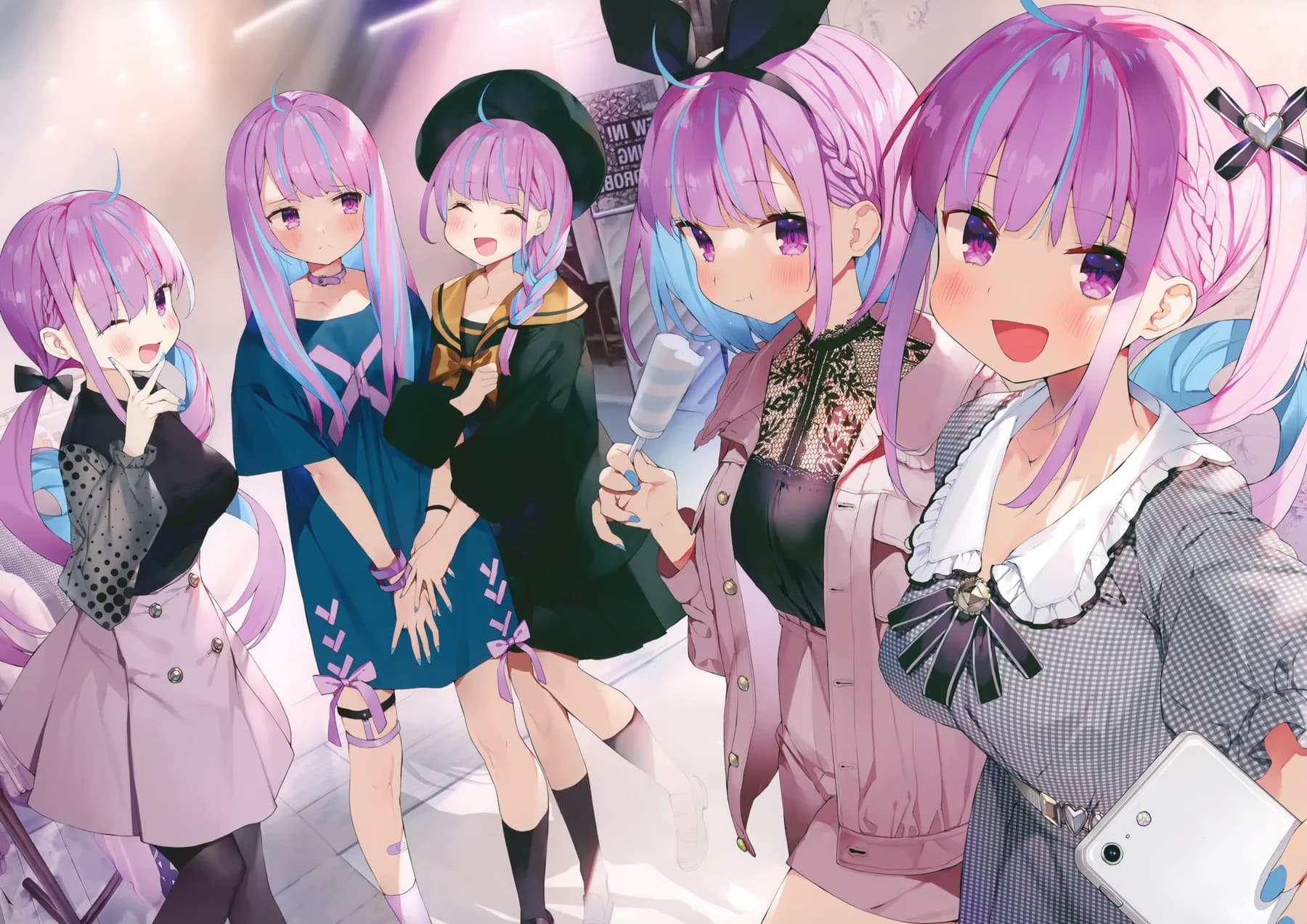 Grupo de vtubers de cabello rosado y morado