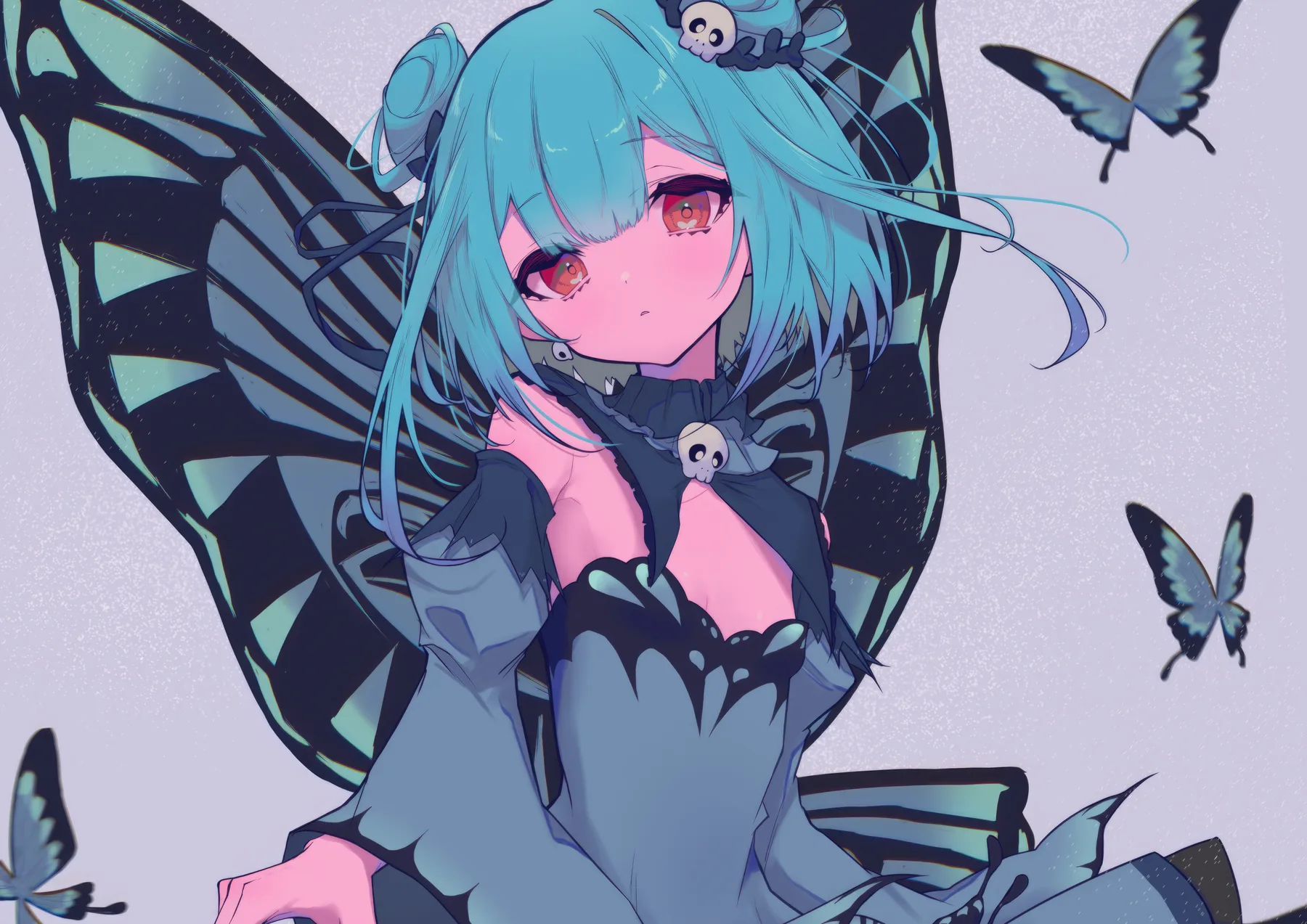 Vtuber gotica con alas de mariposa azul