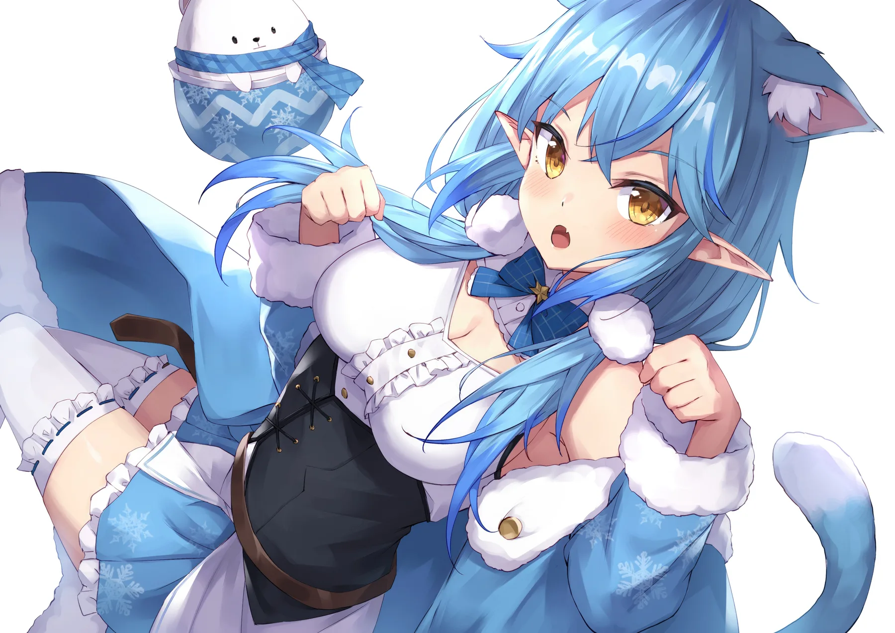 Vtuber elfa de cabello azul con peluche de invierno