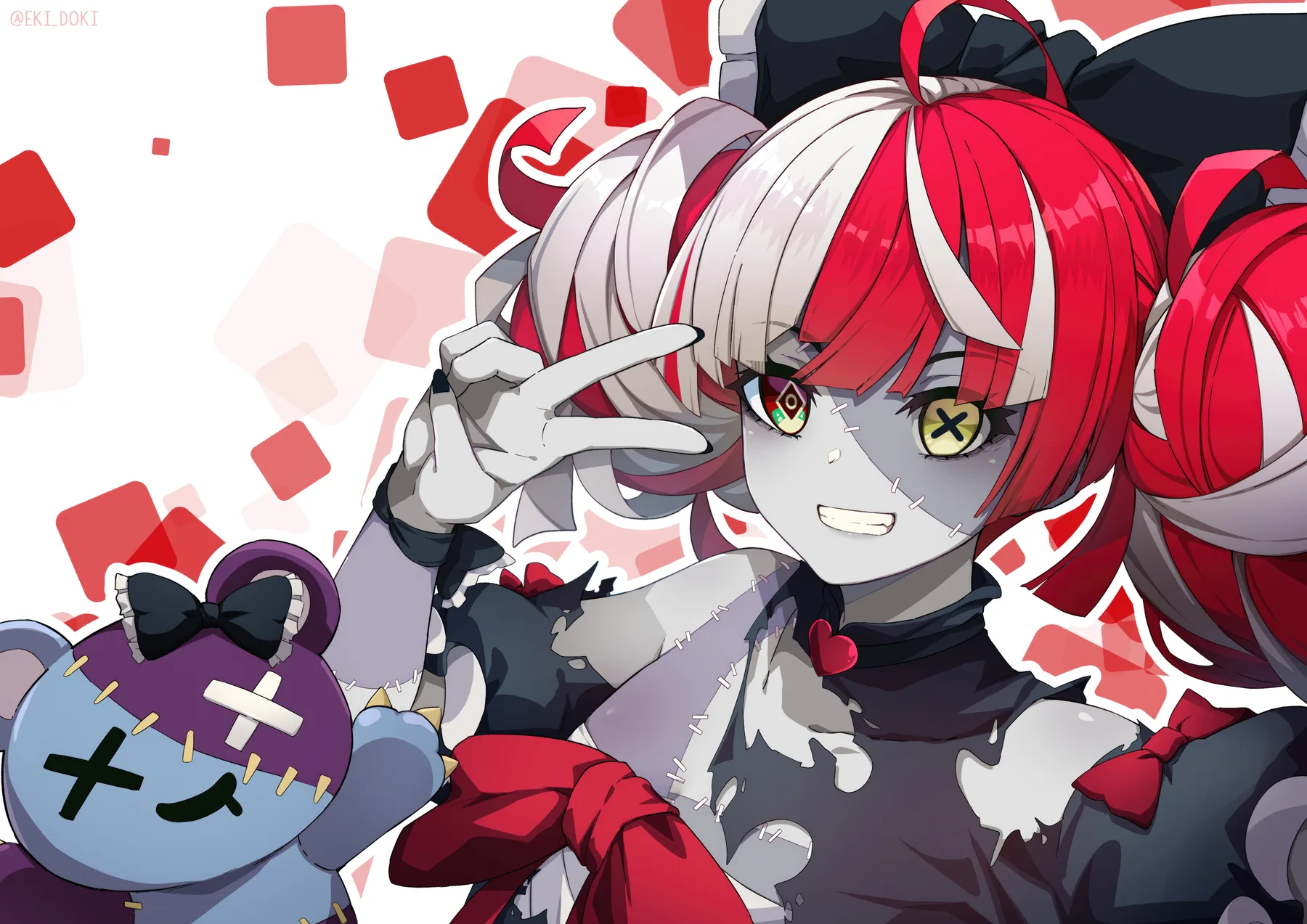 Vtuber estilo muneca con costuras cabello blanco y rojo