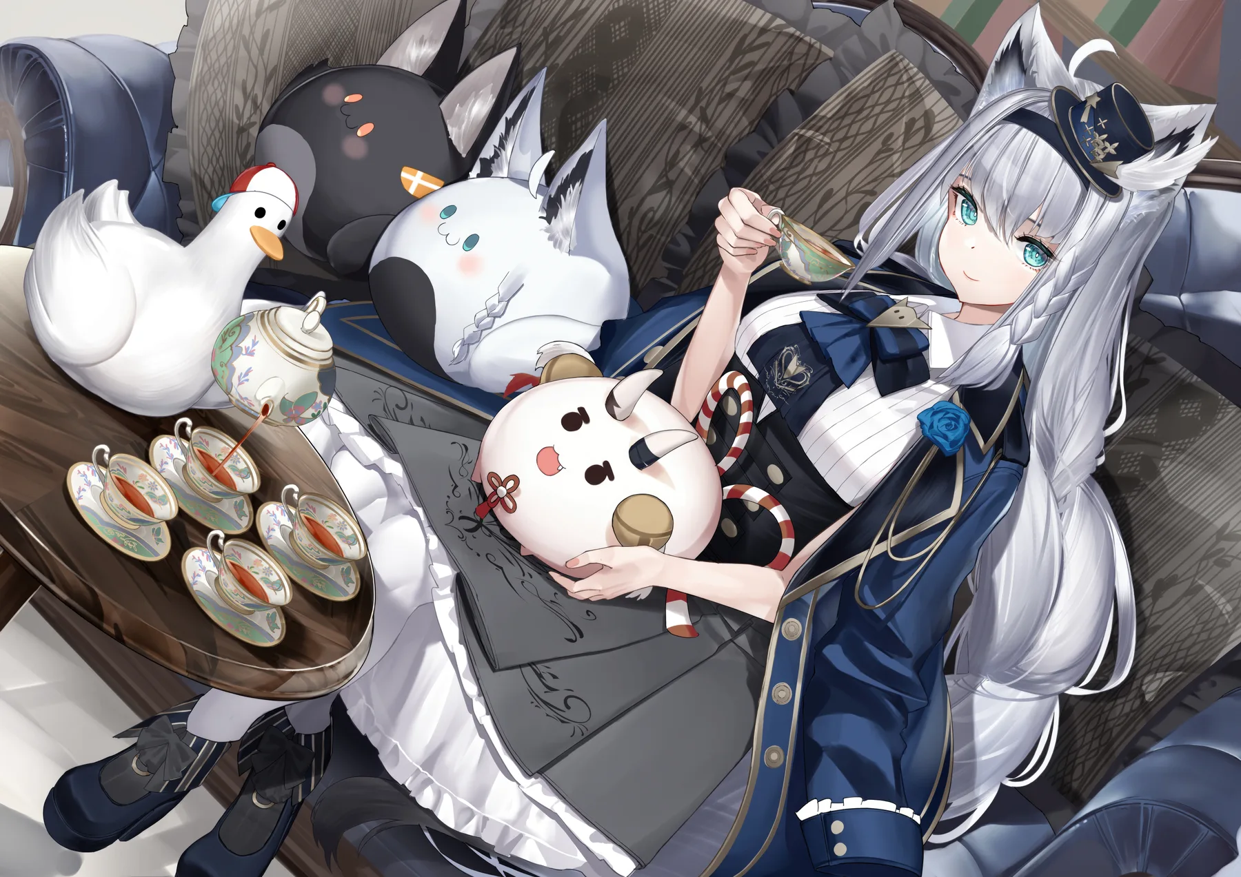 Vtuber gata reclinada con te y peluches