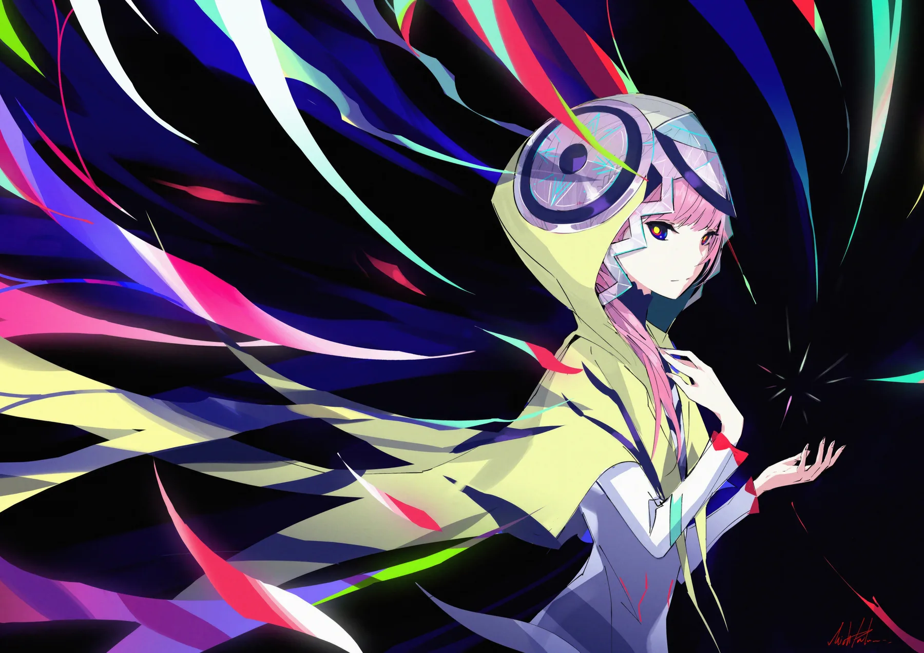Vtuber futurista con cabello rosado y visor mecanico