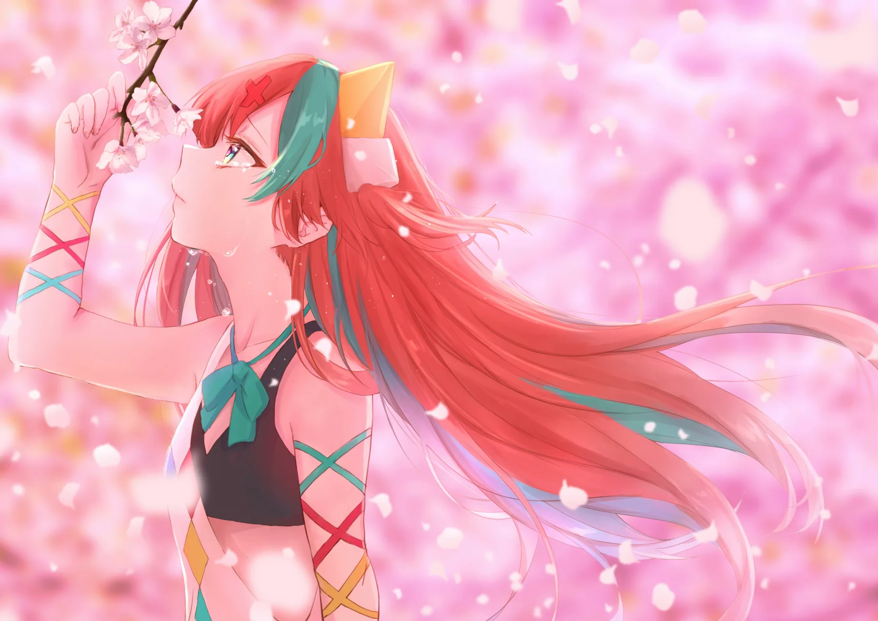 Vtuber llorando bajo flores de cerezo