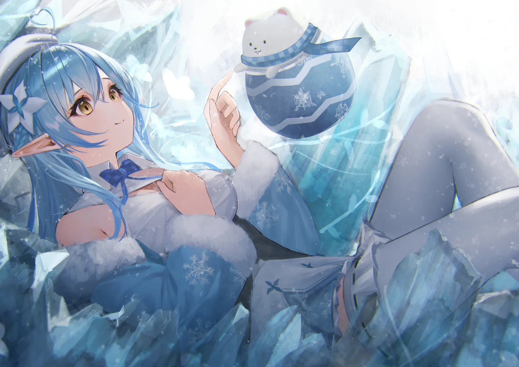 Vtuber elfa de invierno con peluche de oso polar