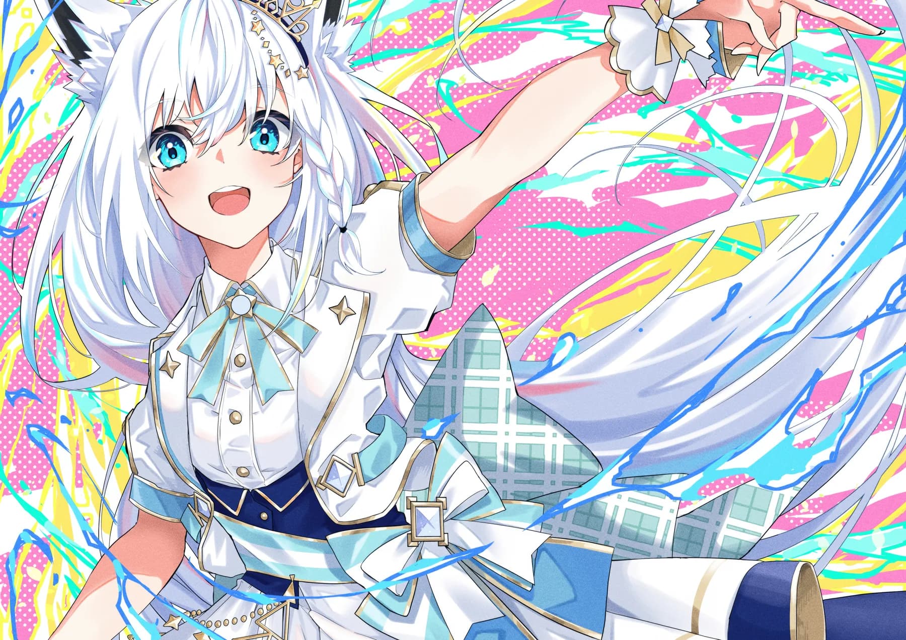 Idol Vtuber de cabello blanco con orejas de gato